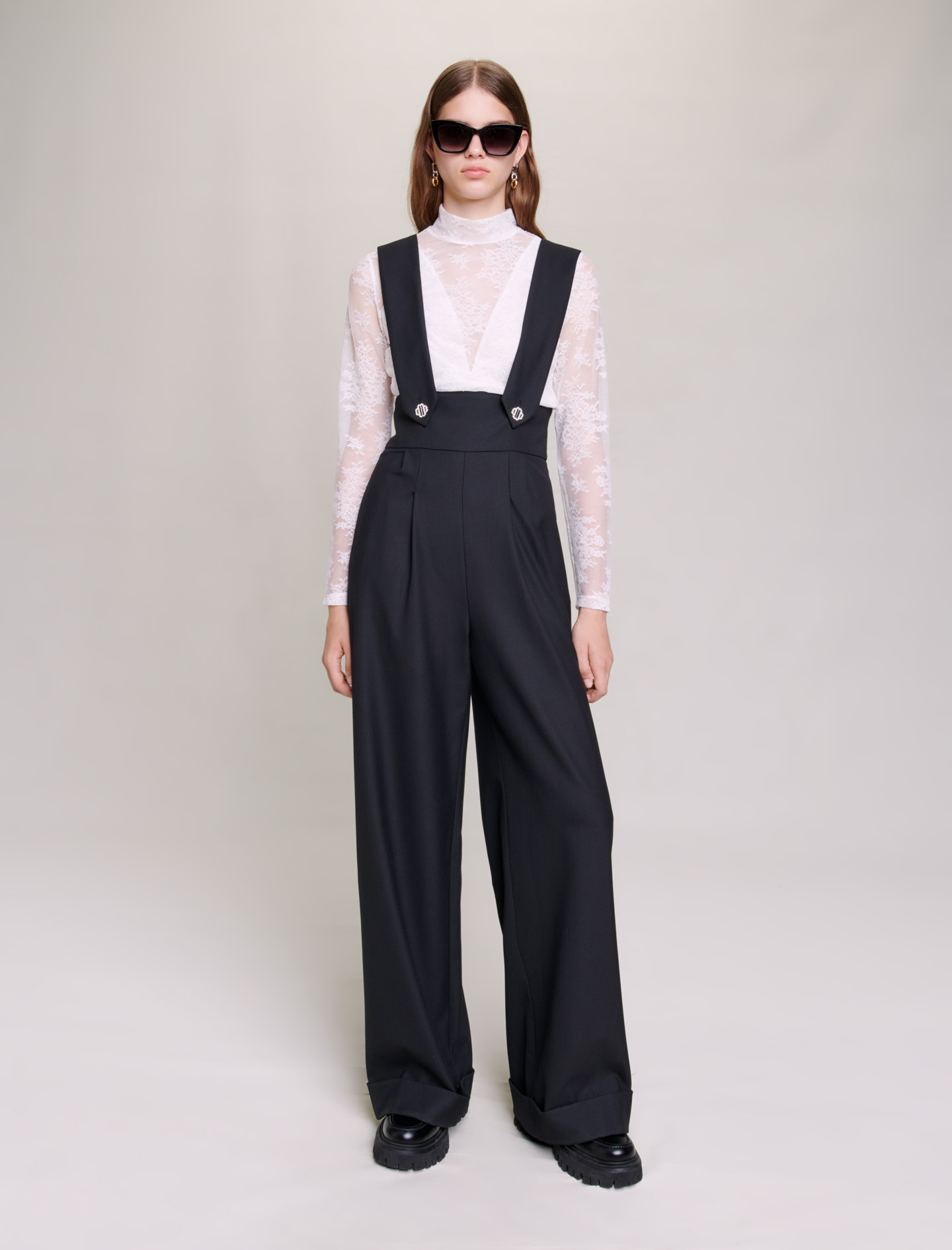 Maje Woman's polyester, Wide-leg trousers with braces for Fall/Winter, size Woman-See All-US XS / FR 34, in color Black / Black