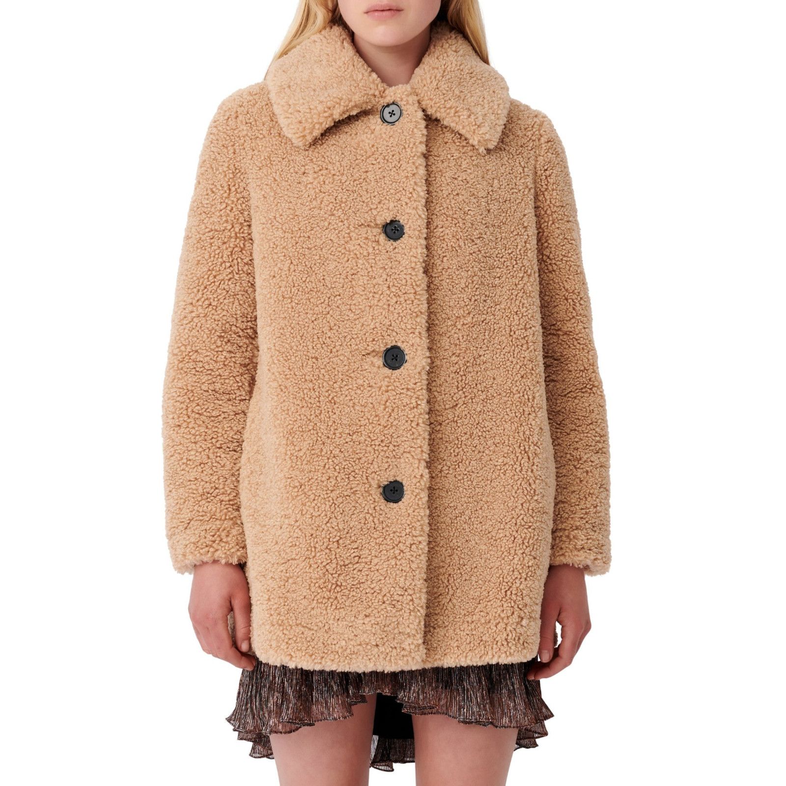 Maje Women Gatino Faux Fur Coat Camel Size 38/m in Beige