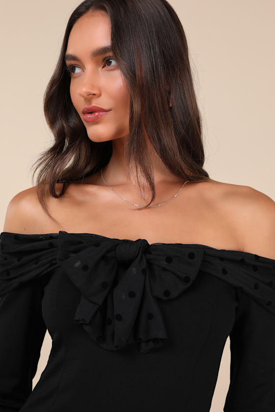 Major Charisma Black Off-the-Shoulder Bow Long Sleeve Top