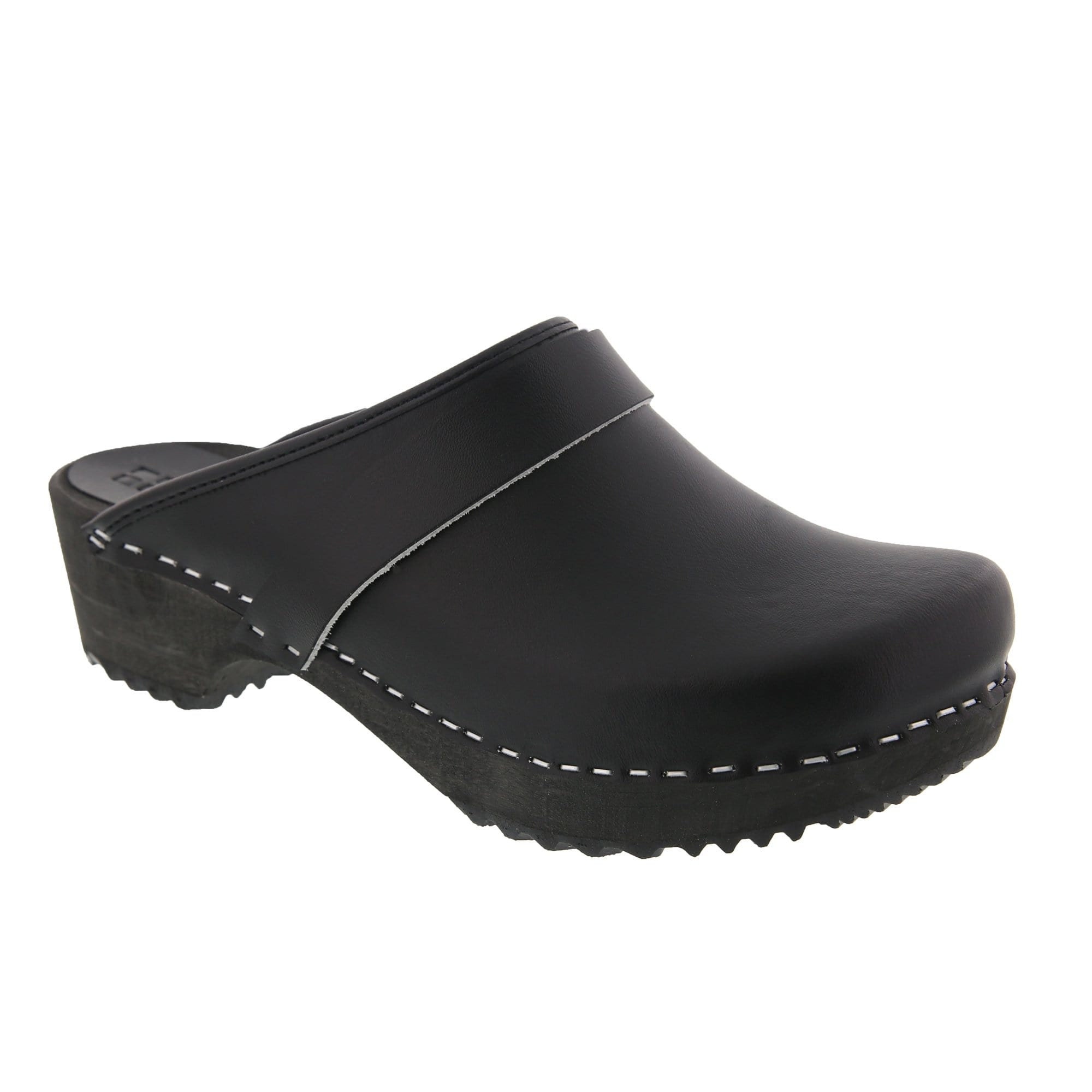 Mala Wood Open Back Black Leather Clogs