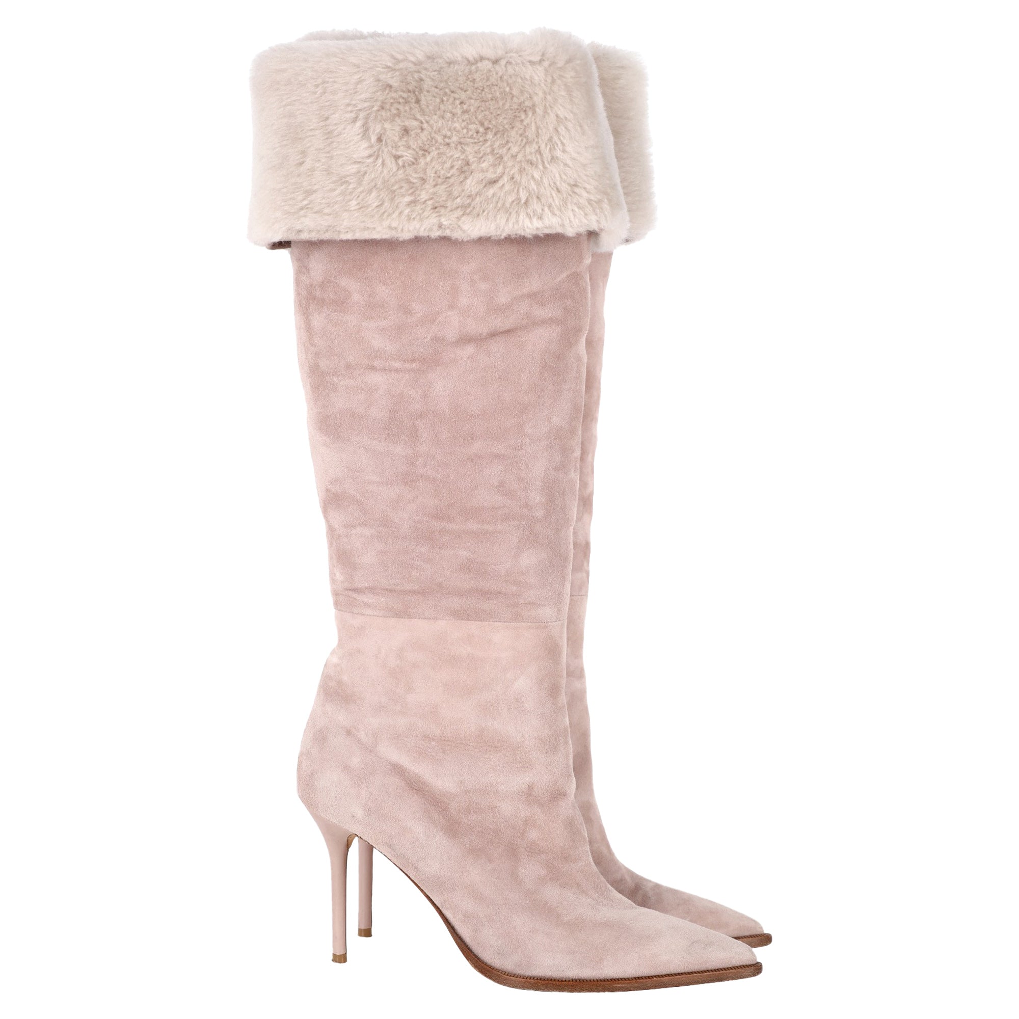 Malone Souliers Fur Trimmed Knee Boots in Pink Suede