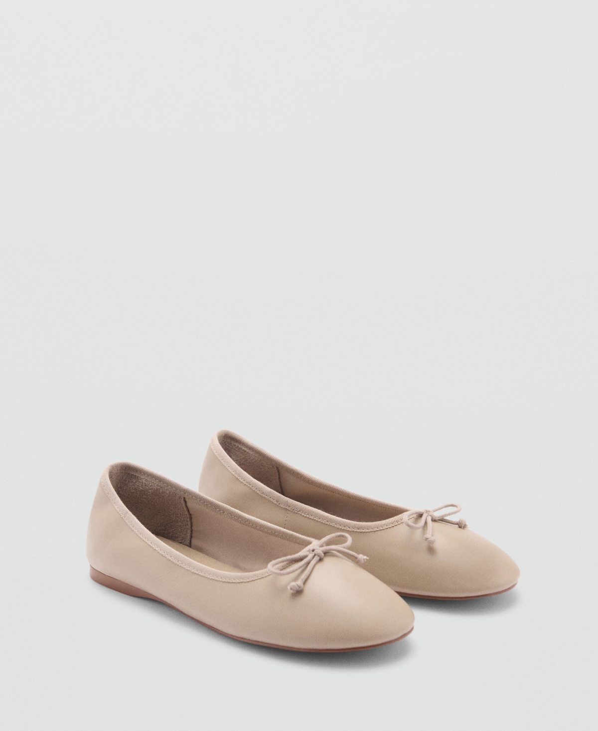 Mango Women's Bow Detail Leather Ballet Flats - Light/Pastel Brown