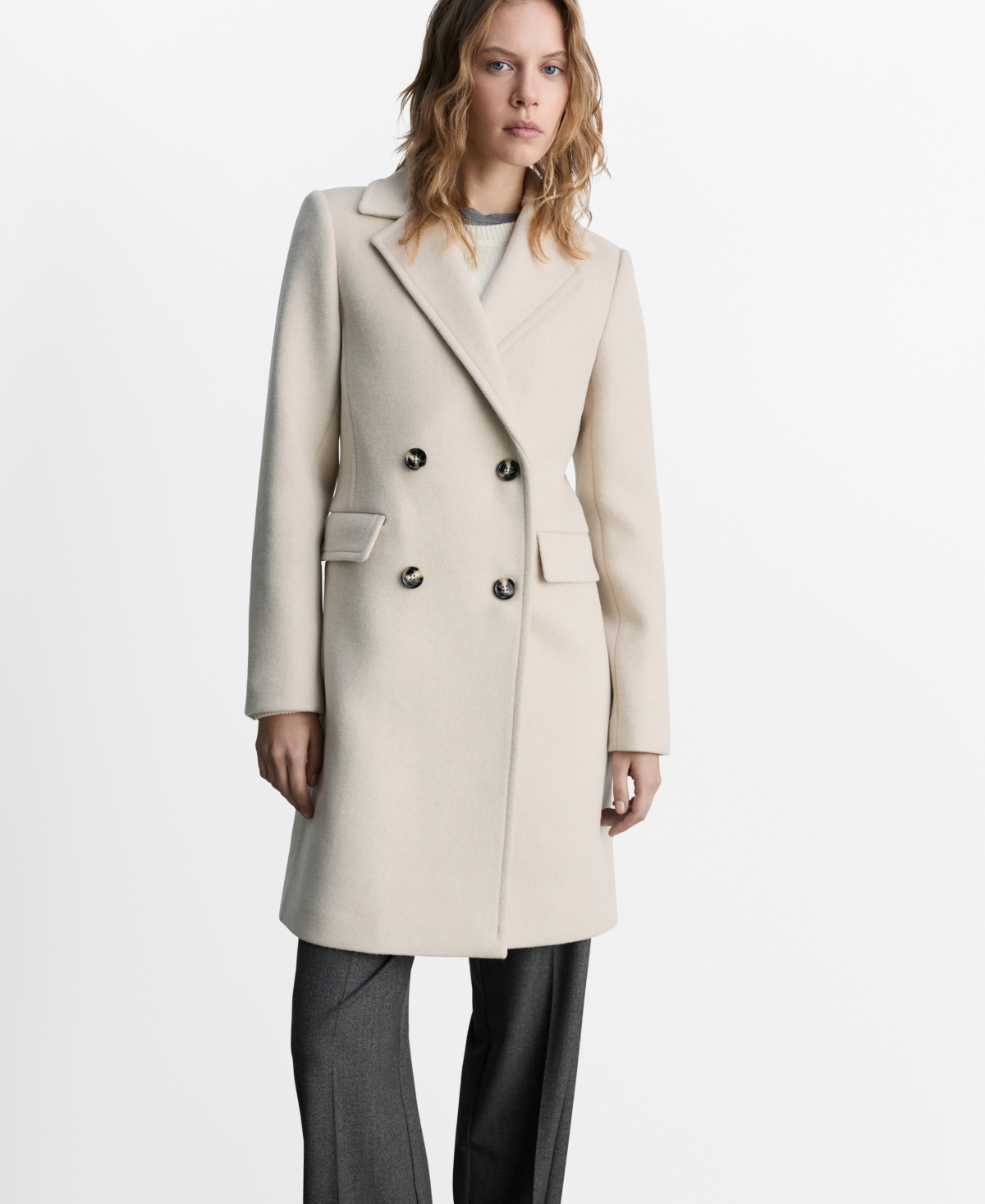 Mango Women's Double-Breasted Wool Coat - Light, Pastel Gray