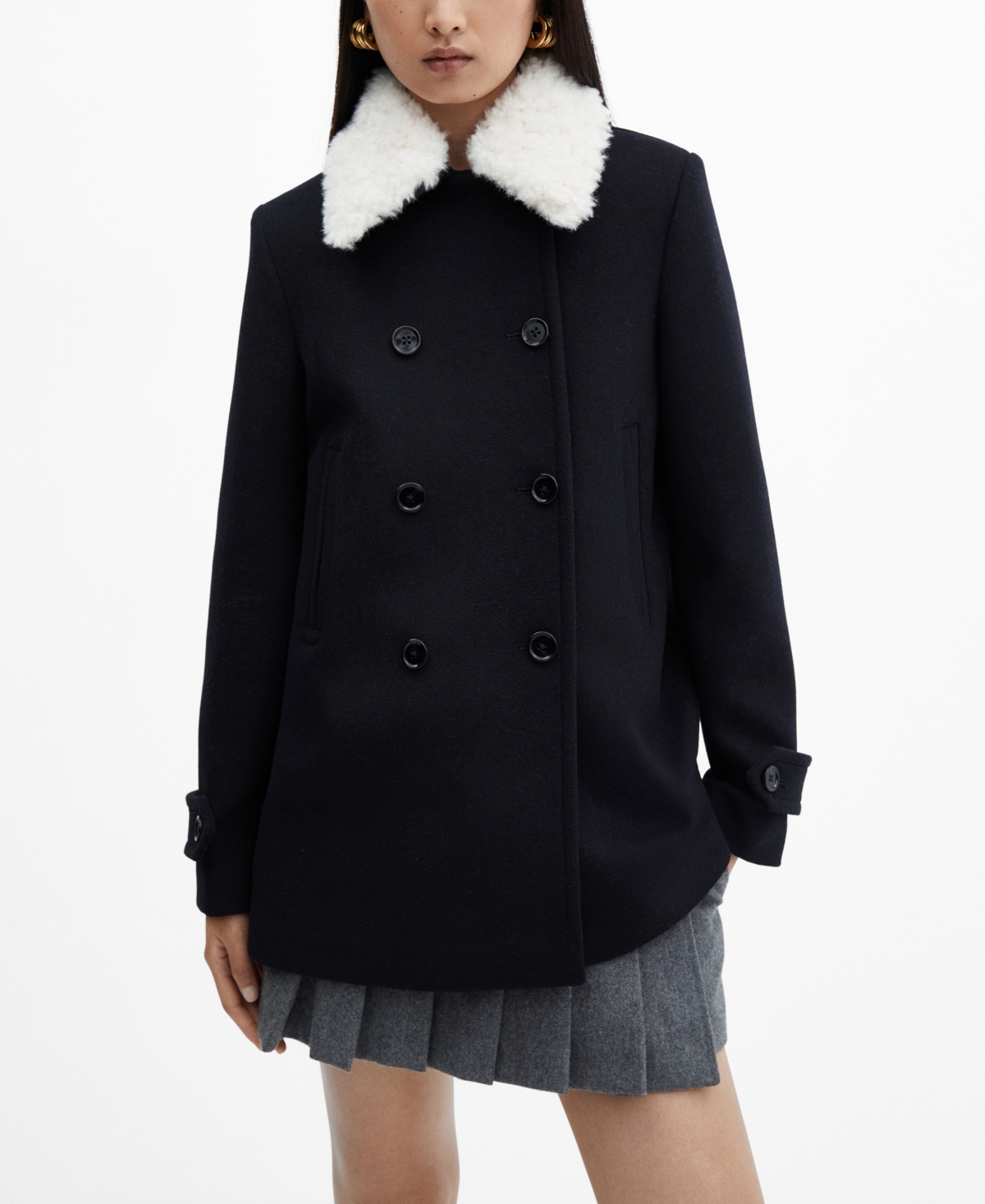 Mango Women's Faux Fur Collar Double-Breasted Coat - Dark Navy