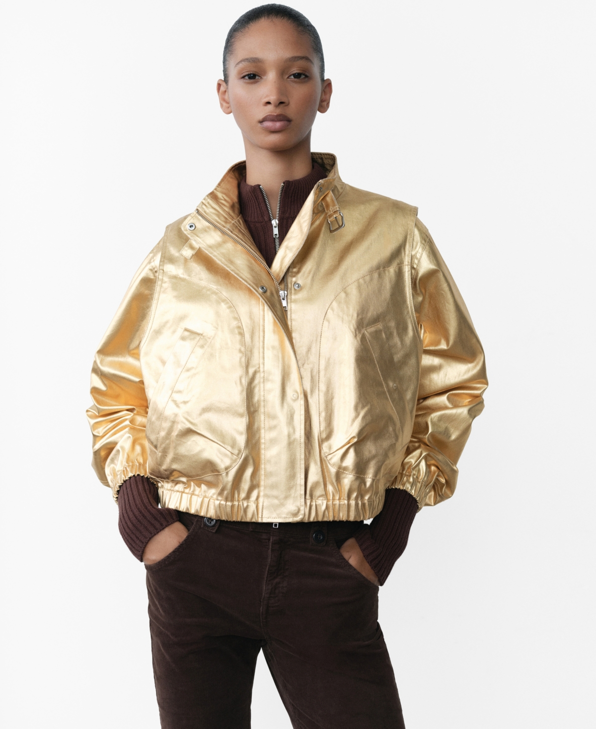 Mango Women's Metallic Denim Bomber Jacket - Gold