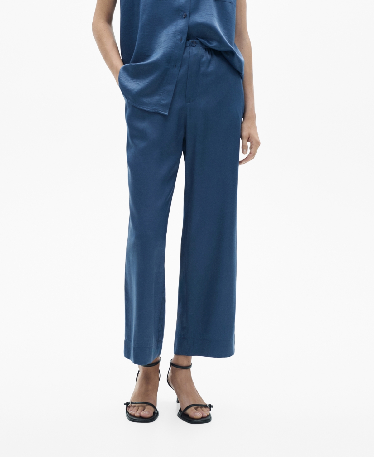 Mango Women's Satin Cropped Trousers - Blue