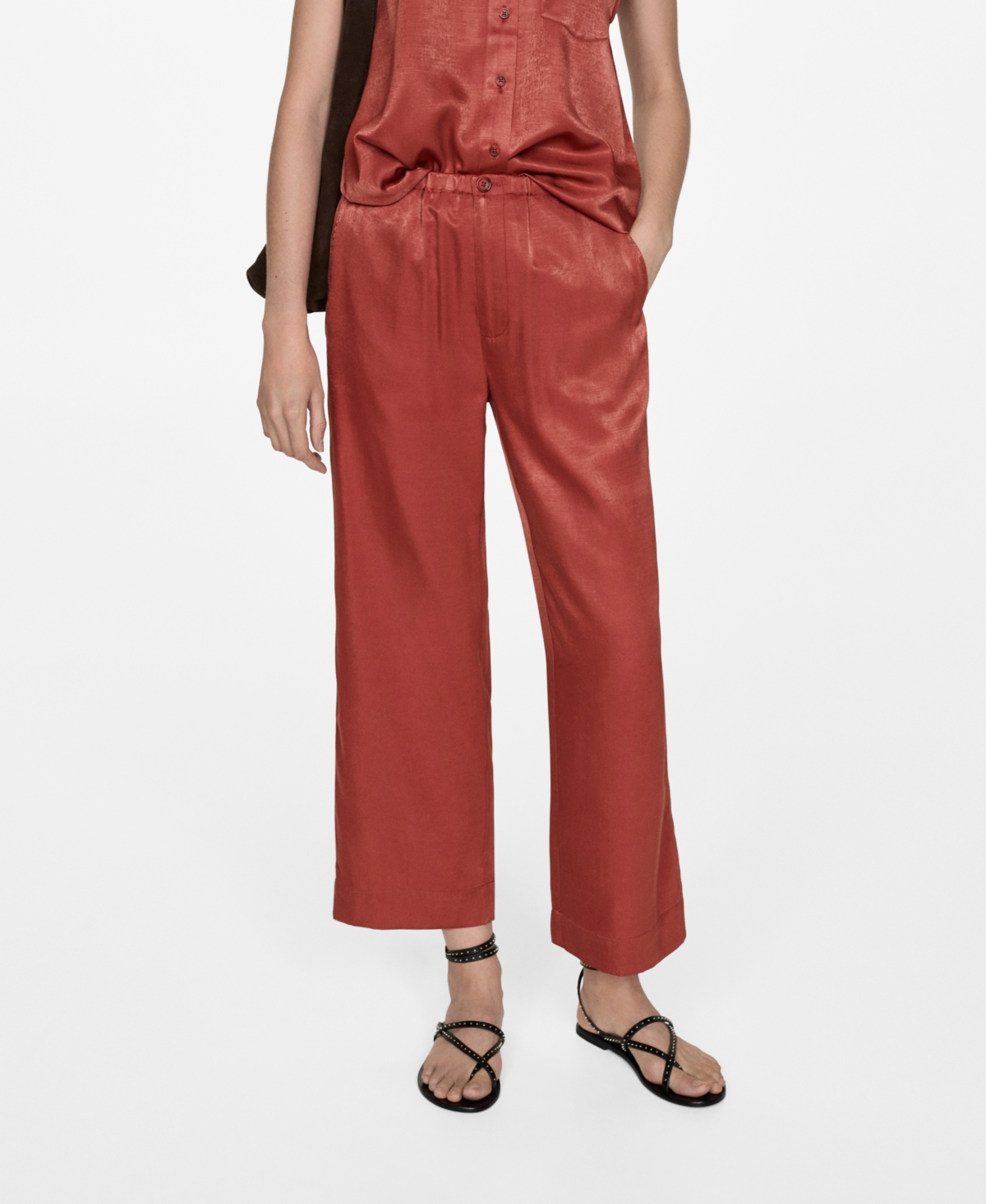 Mango Women's Satin Cropped Trousers - Red