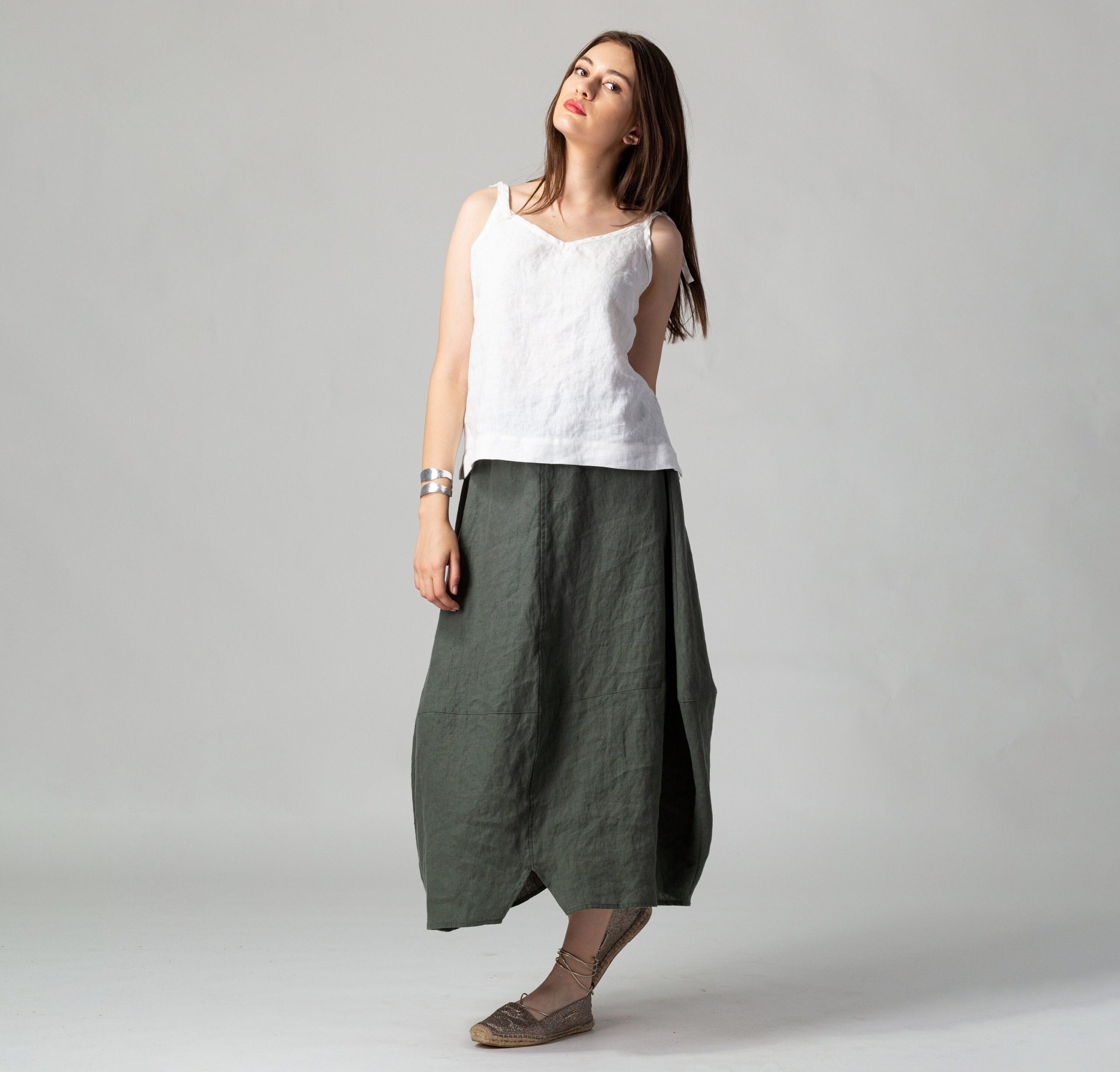 Manon Green Linen Skirt | Asymmetric Pure Wrinkled Washed Urban Ethical Clothing