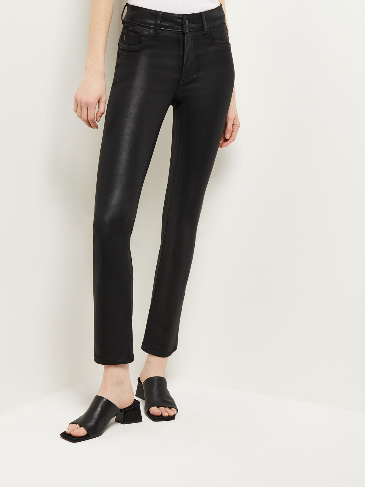 Mara Mid-Rise Straight Leg Ankle Jeans, Black Coated