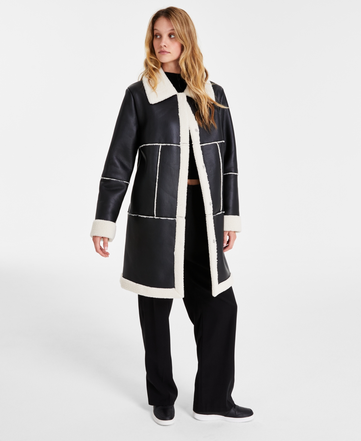 Maralyn & Me Juniors' Long Faux-Shearling-Trimmed Coat - Black