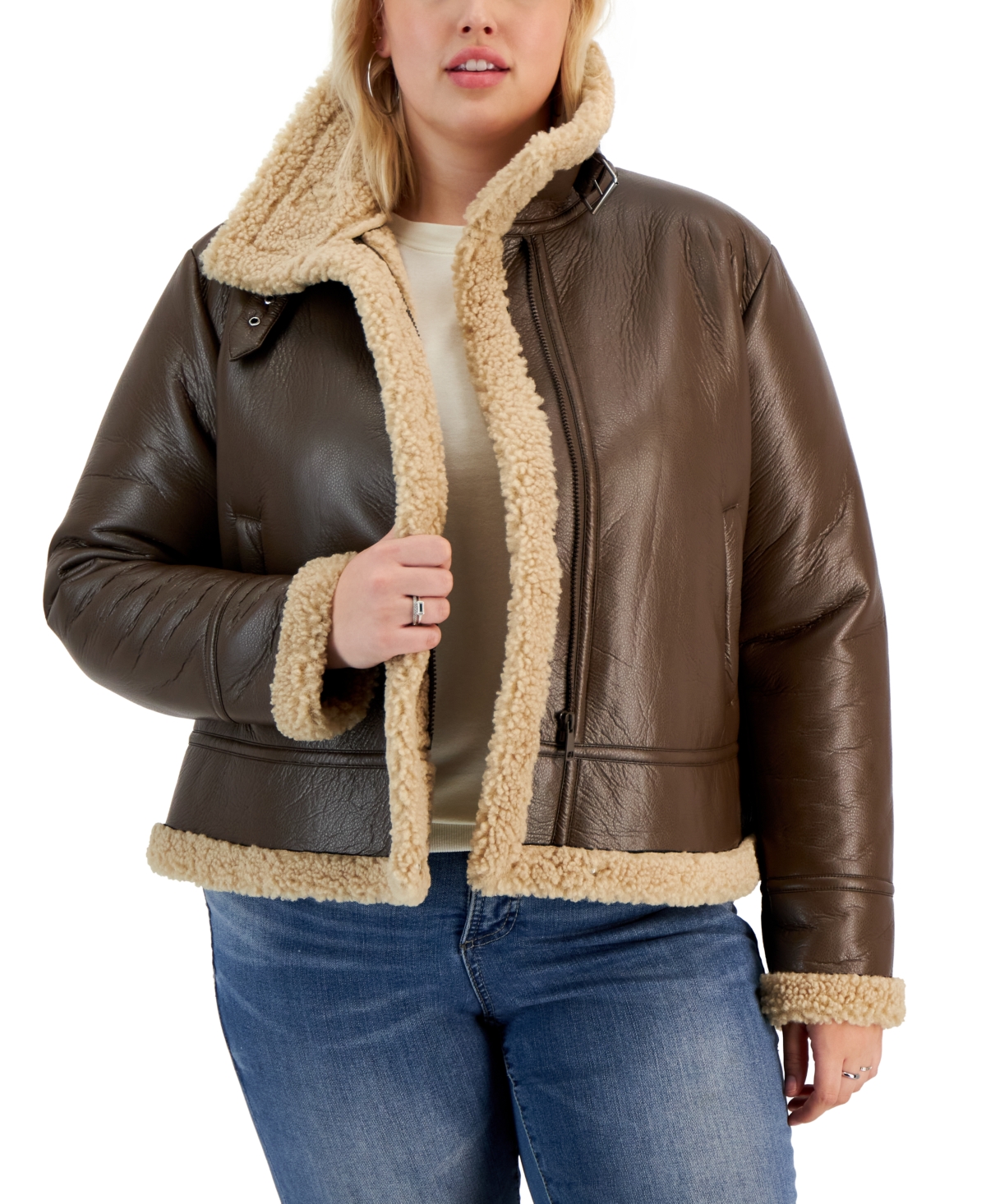 Maralyn & Me Juniors' Plus Size Faux-Shearling Long-Sleeve Coat, Created for Macy's - Dark Brown