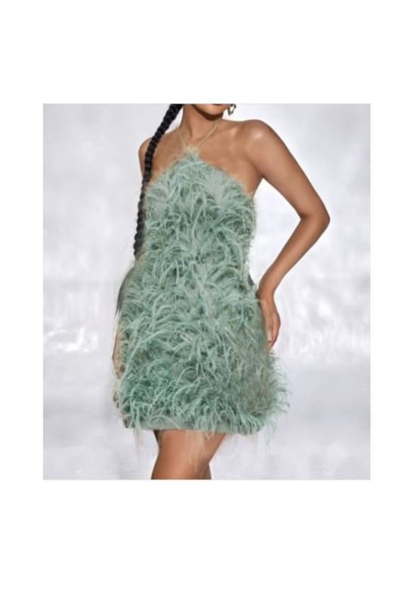 Maraya Green Halter Neck Mini Feather Dress