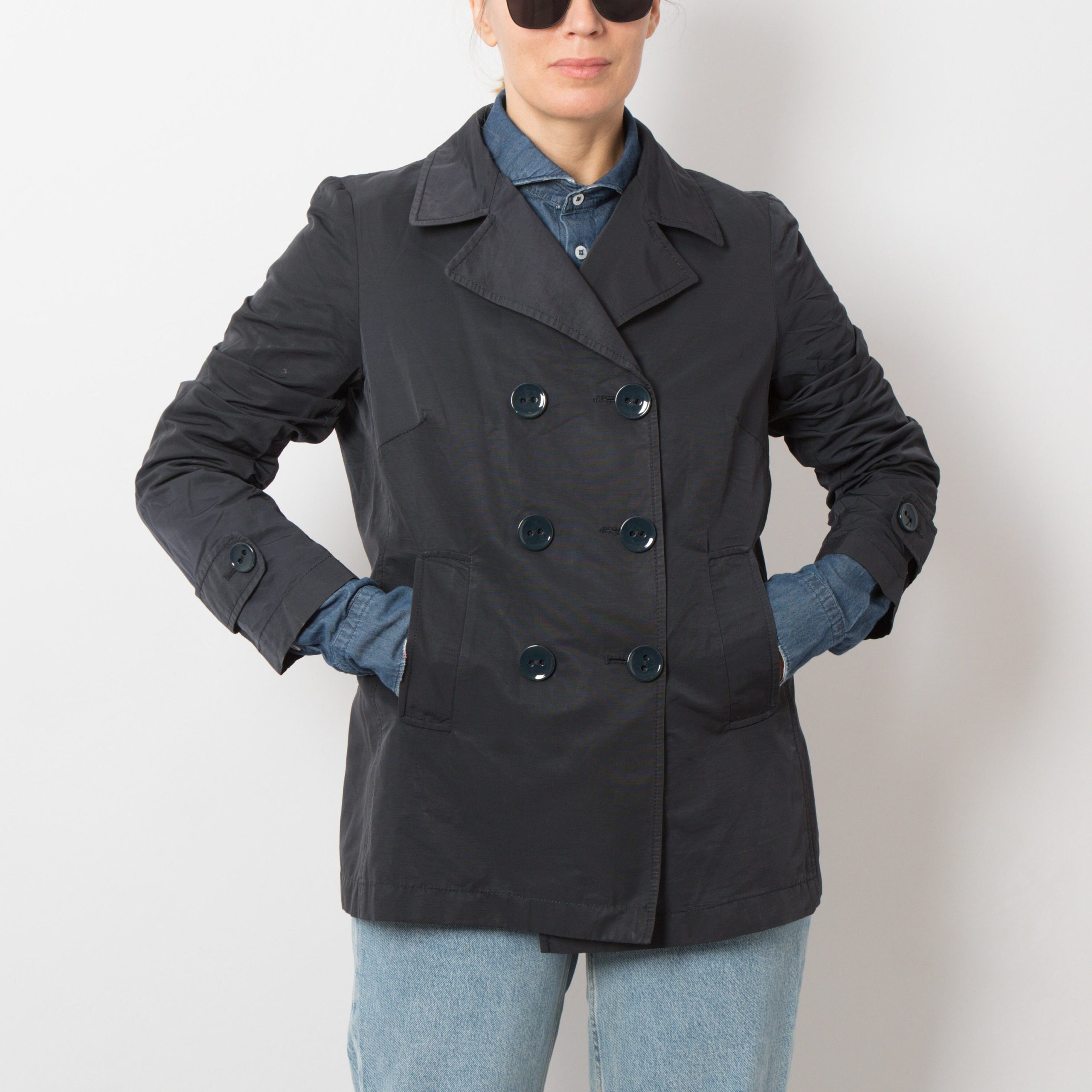 Marella Y2K Nylon Blue Navy Pea Coat Women Wind Jacket Medium Size