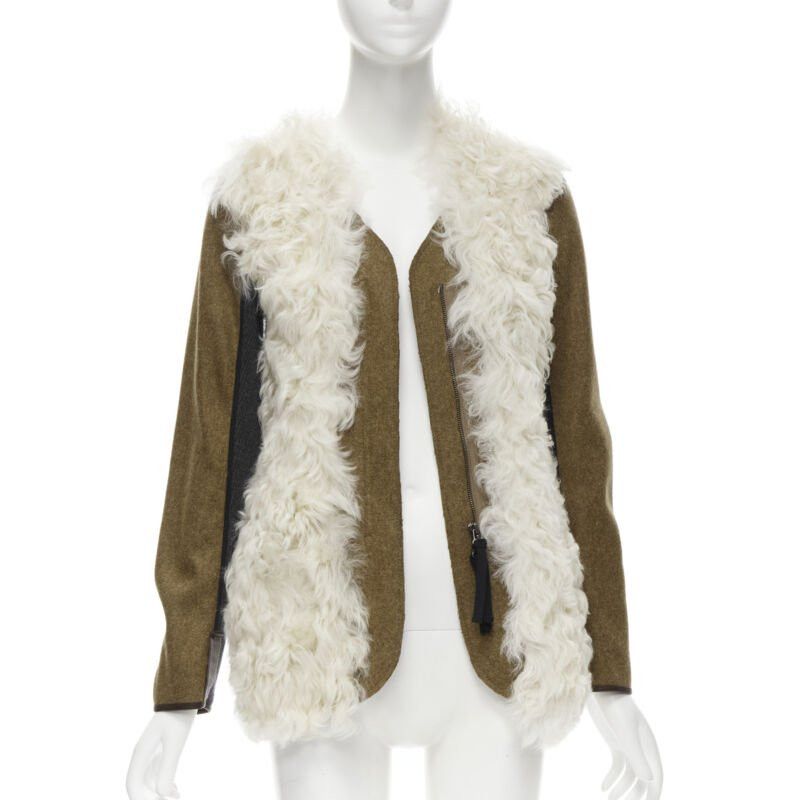 Marni 2011 Cream Lamb Shearling Fur Brown Wool Sleeves Winter Coat It38 Xs in Beige, Women's