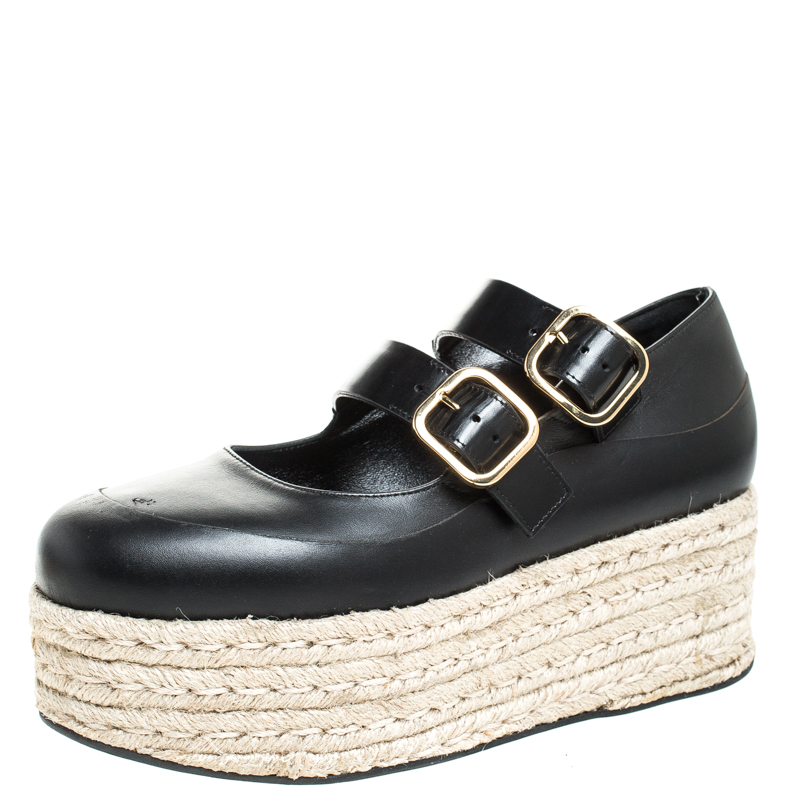 Marni Black Leather Buckle Detail Platform Espadrilles Flats Size 38