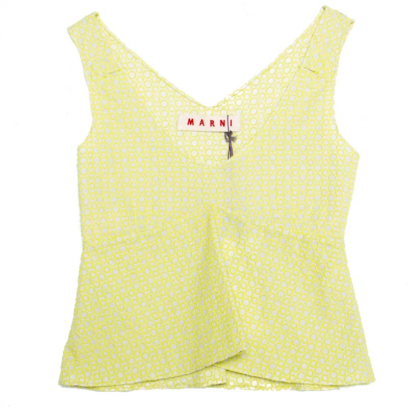 Marni Cream and Lime Green Embroidered Cotton Sleeveless Peplum Crop Top S