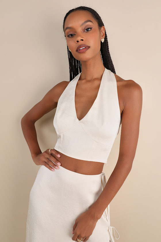 Marvelously Sleek Champagne Satin Crinkled Halter Crop Top