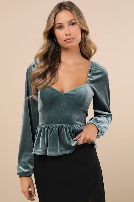 Marvelously Sweet Sage Blue Velvet Long Sleeve Peplum Top