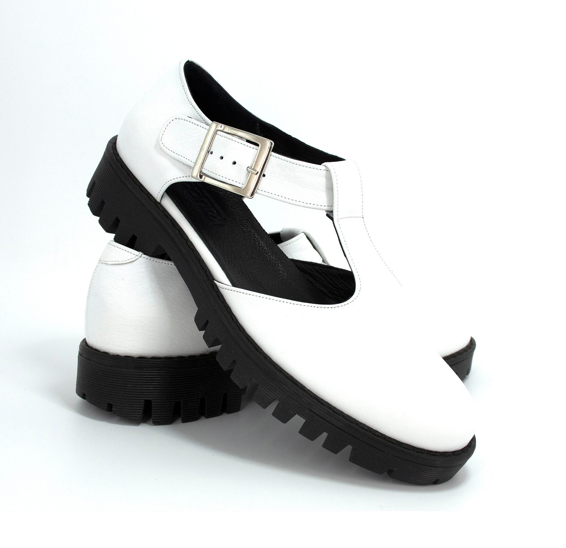 Mary Janes White, T Strap Chunky Sole Jane, Mary Shoes Platform, Leather Women White Flats, Slip On Shoes, White Platform