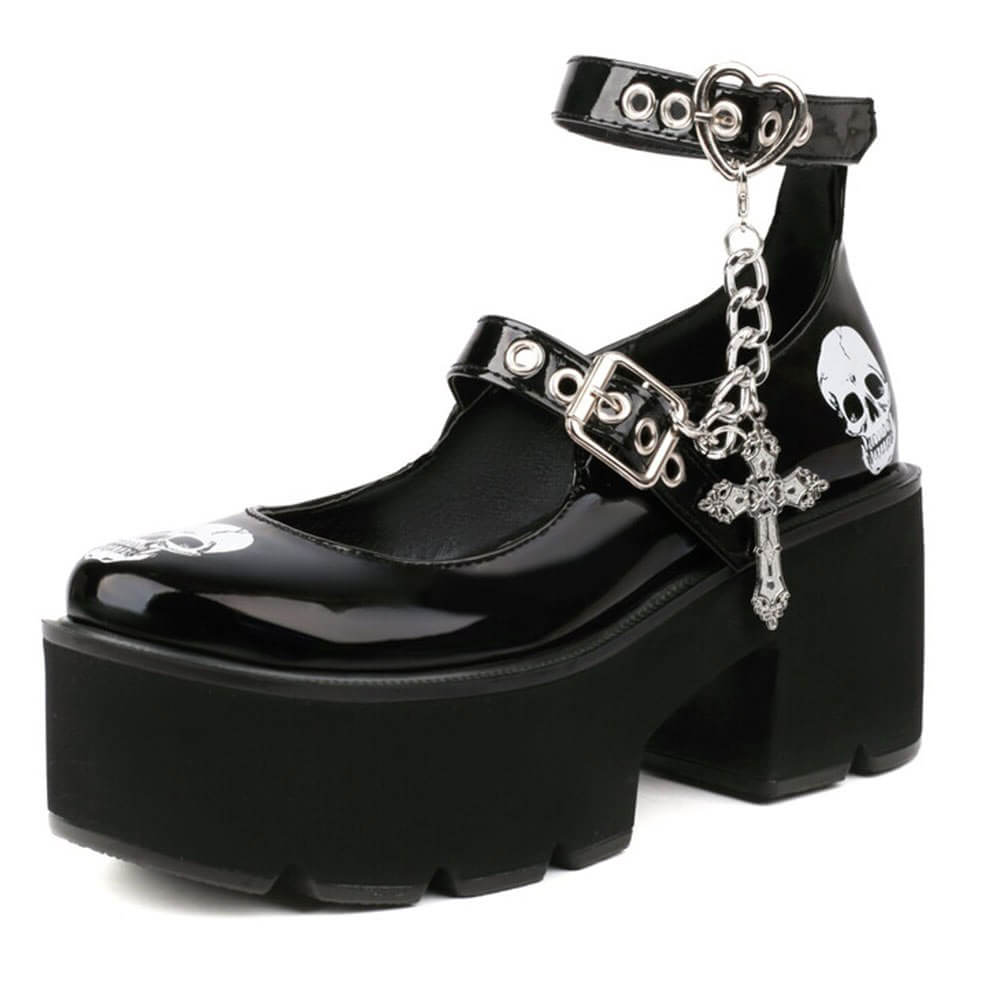 Mary Janes Women's Block Platform Pumps with Skull Print / Fashion Goth Shoes with Buckle Chain