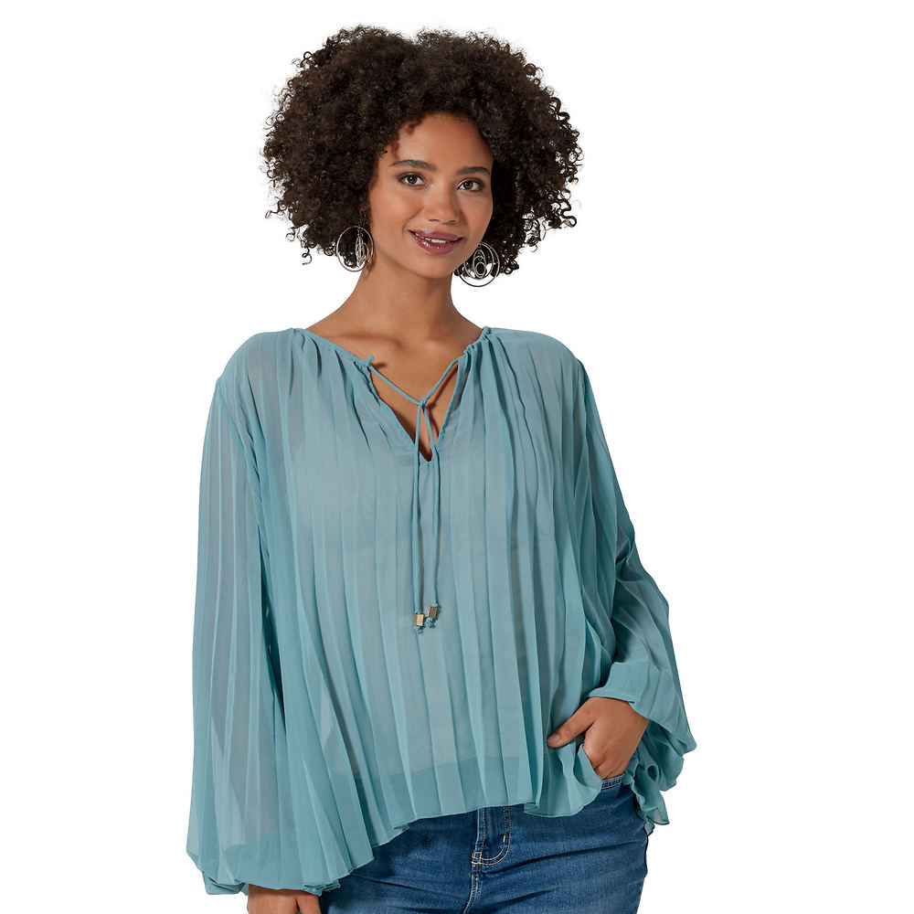 Masseys Flowy Pleated Blouse Blue Shirts L