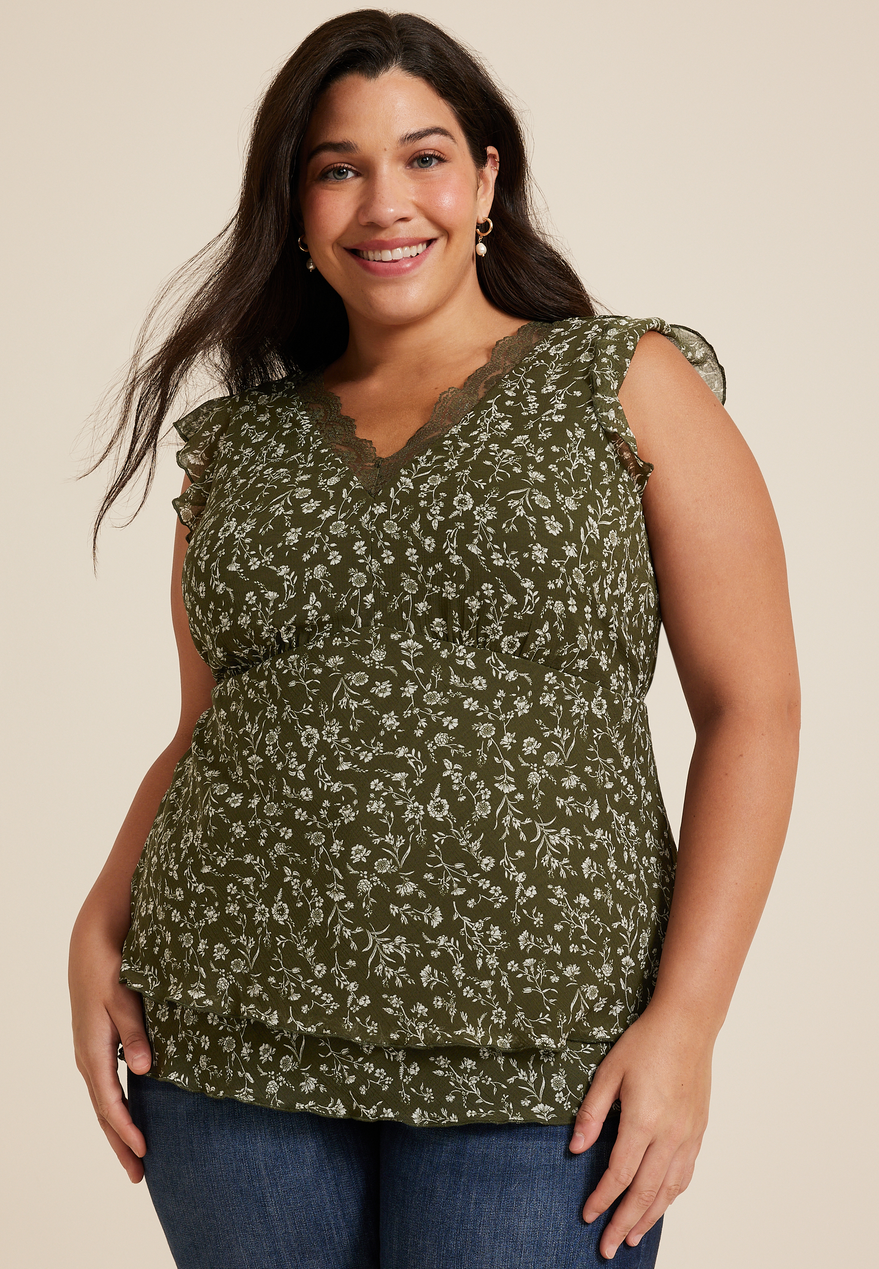 Maurices 1X Plus Size Women's Floral Lace Trim Flutter Tank Top Green