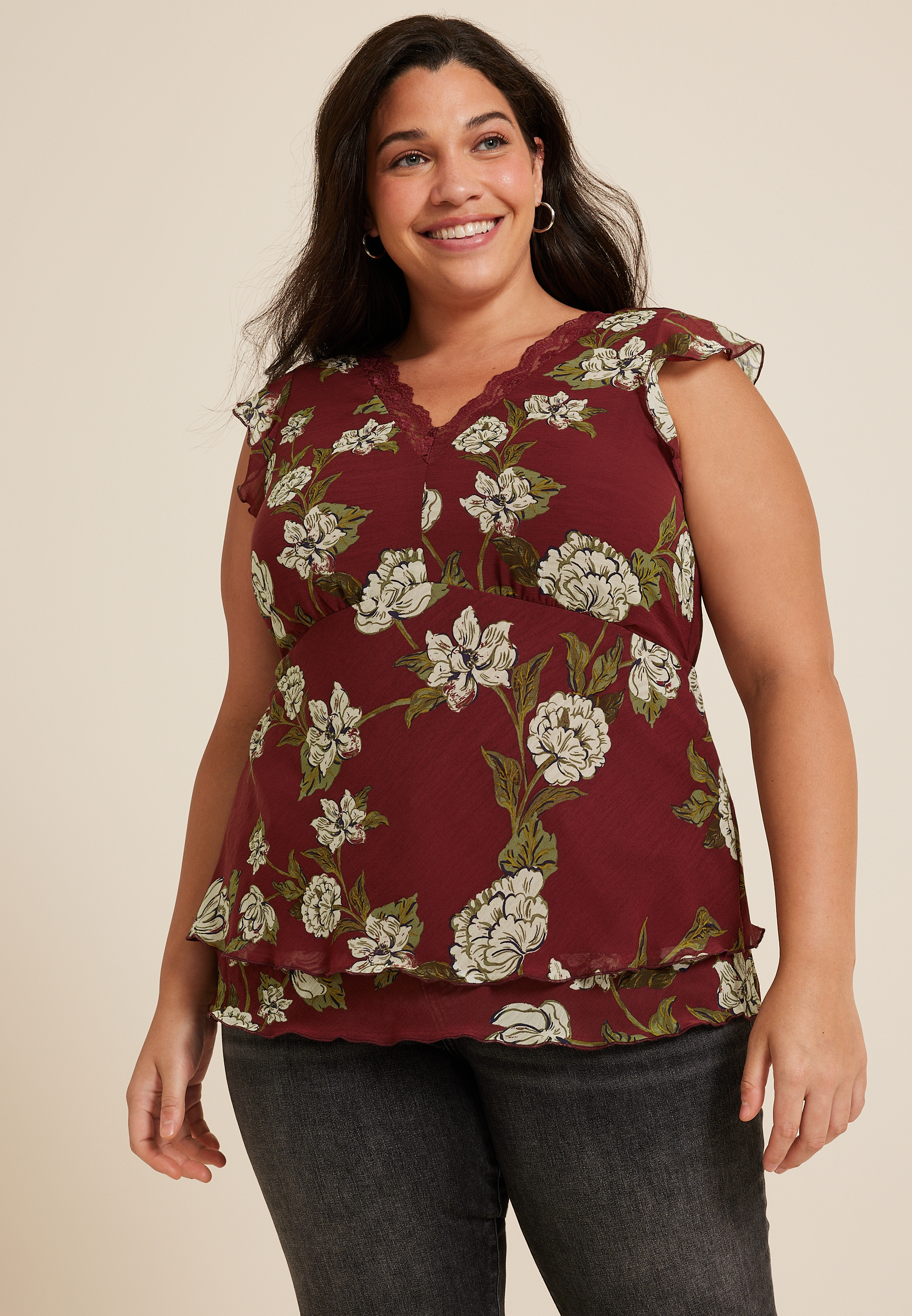 Maurices 1X Plus Size Women's Floral Lace Trim Flutter Tank Top Red