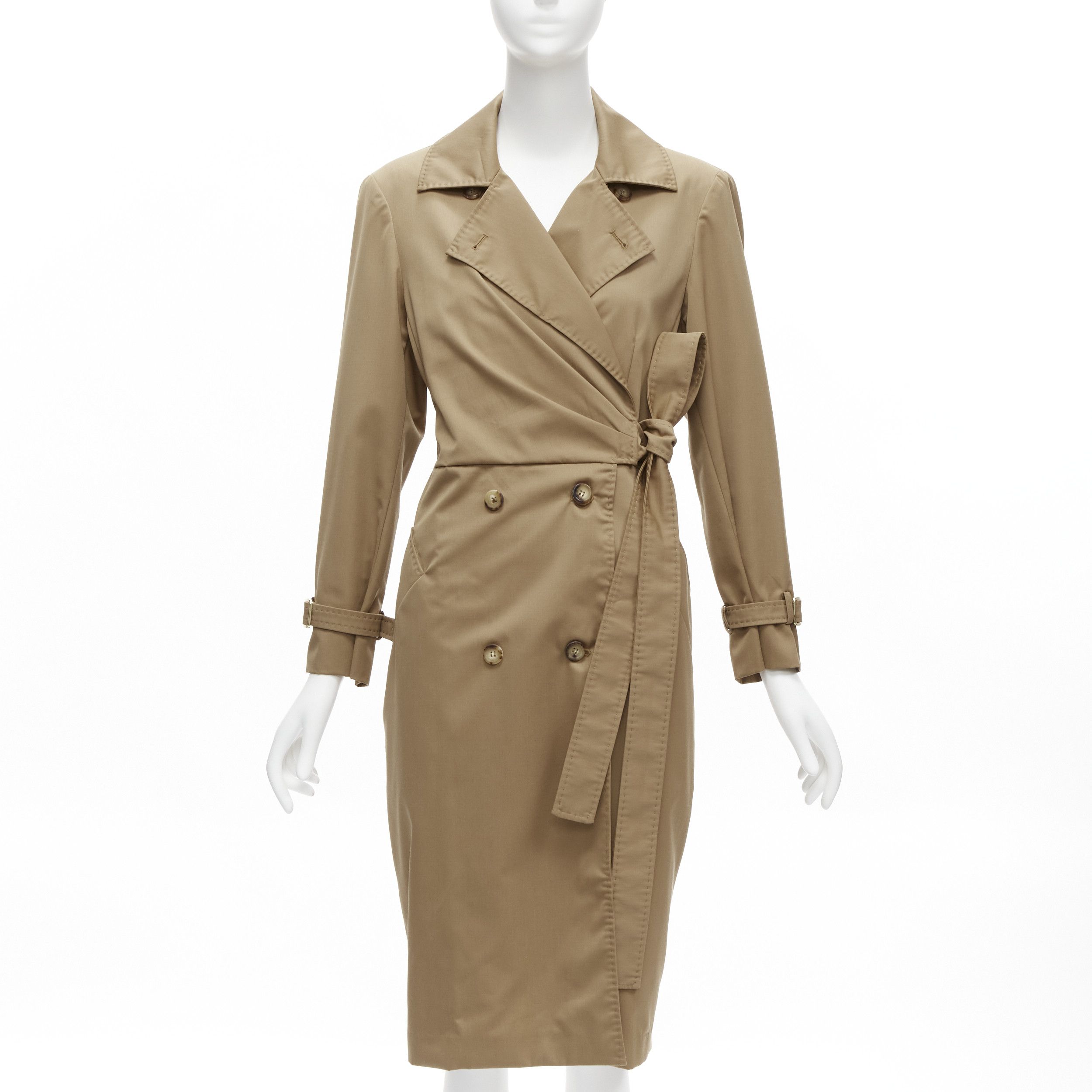 Max Mara 100% Virgin Wool Tan Wrap Tie Trench Coat Dress It42 M in Tan Brown, Women's (Size Medium)