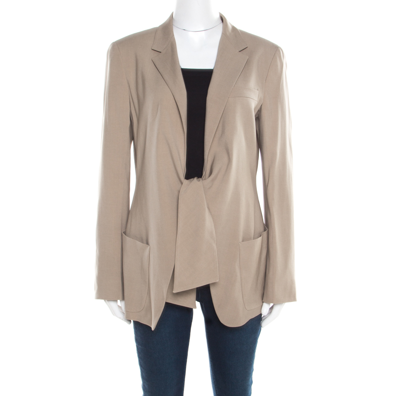 Max Mara Beige Wool and Silk Front Tie Detail Blazer L