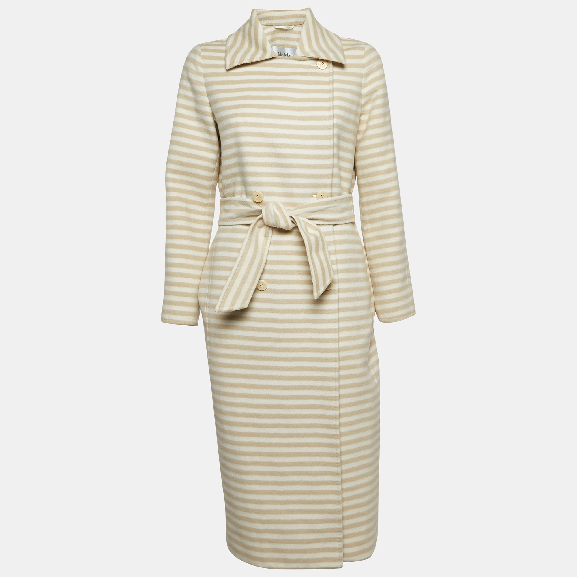 Max Mara Beige/White Stripe Wool Double Breasted Belted Trench Coat S