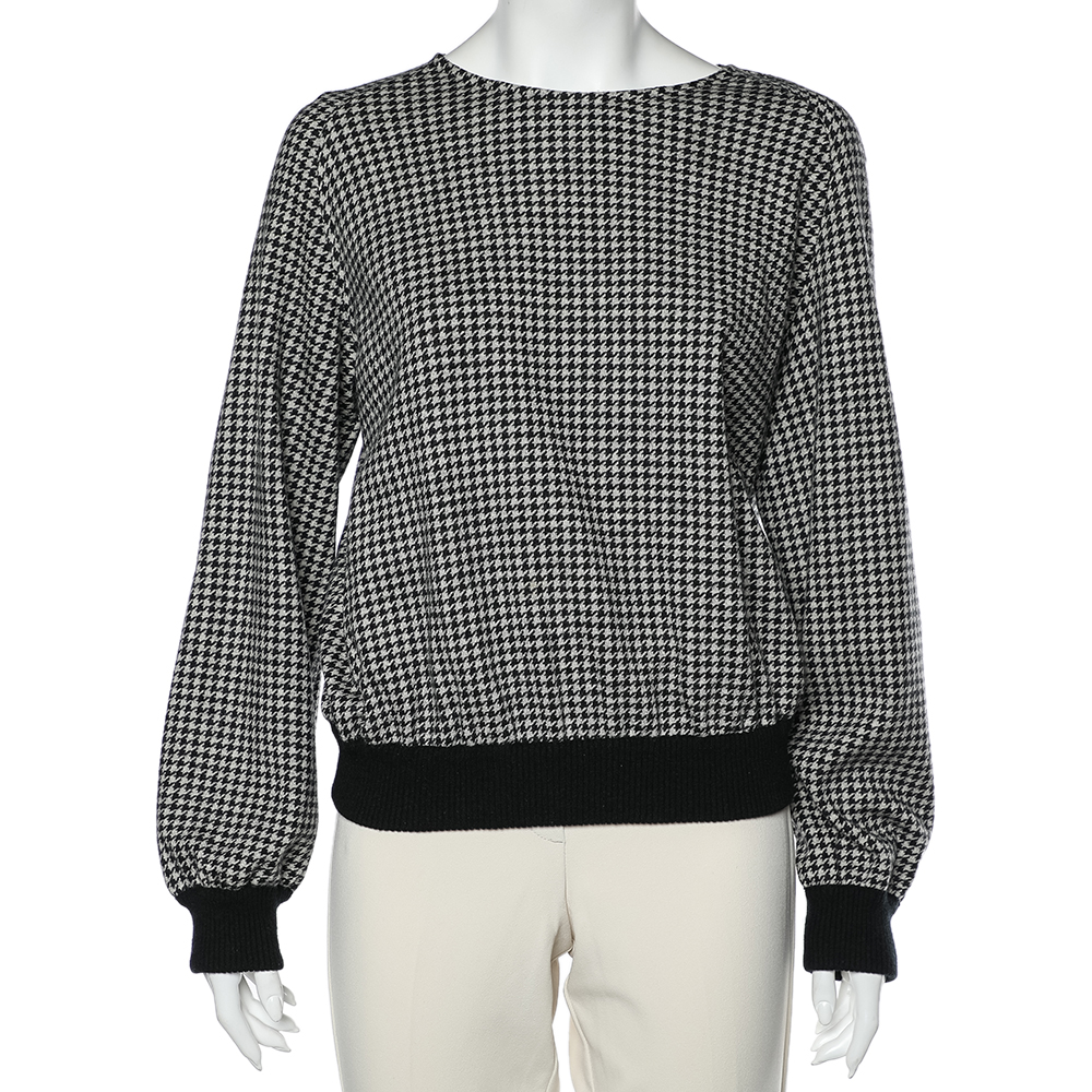 Max Mara Grey Houndstooth Patterned Wool Sweatshirt M