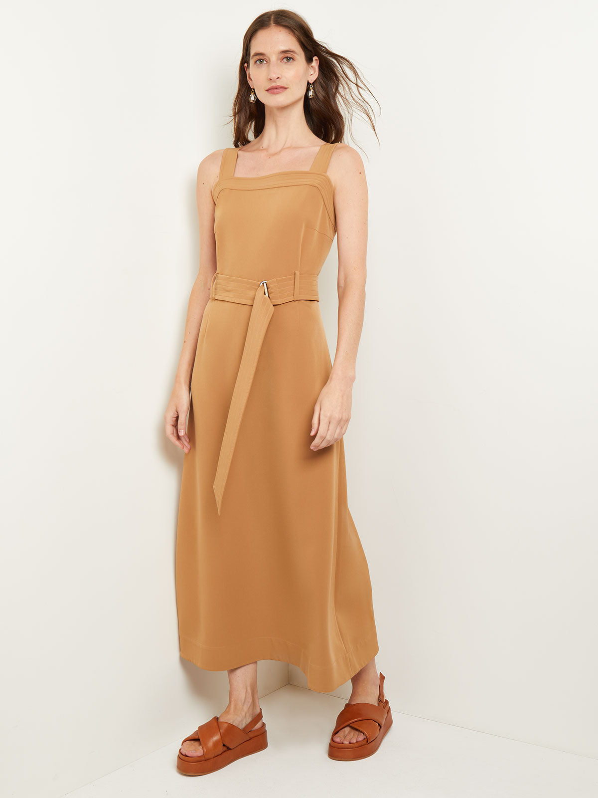 Maxi A-Line Dress - Belted Square Neck Stretch Woven