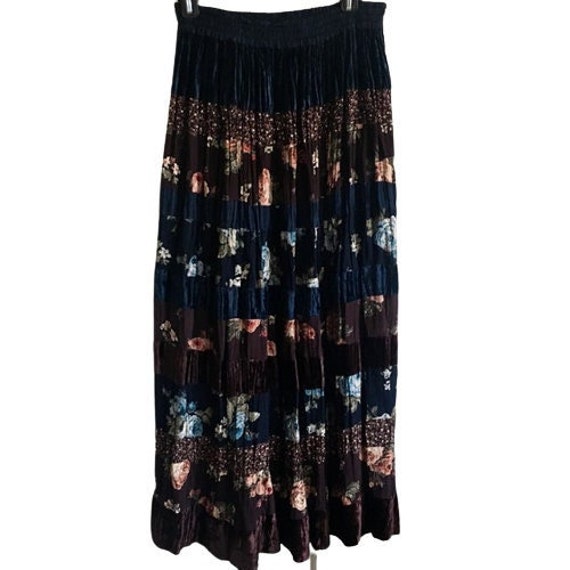 Maxi Skirt Rene Derhy Vintage 80S Romantic Boho Mixed Print Velvet Tiered Elastic Waist Wine Navy Medium