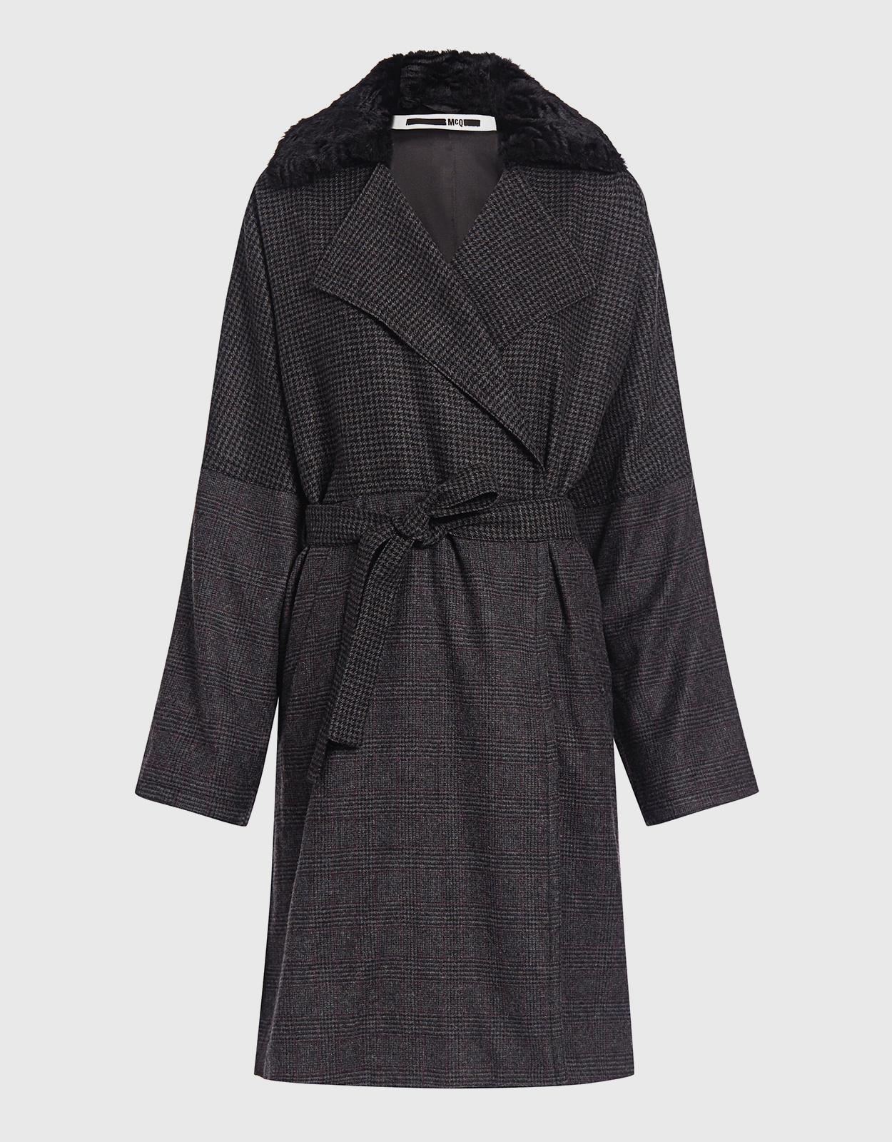 McQ Alexander McQueen Faux Fur Collar Wool Check Kimono Wrapped Coat - 34