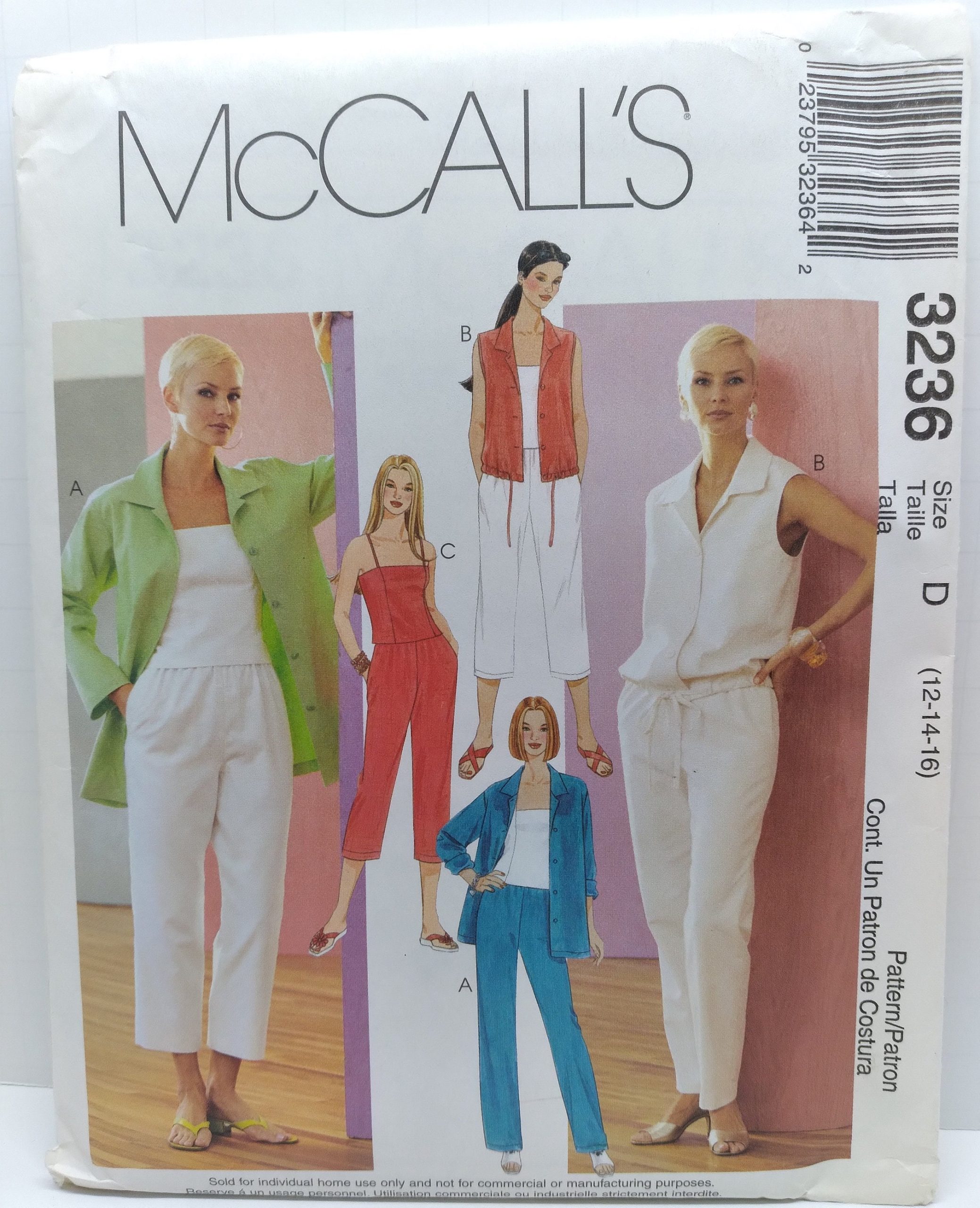 Mccalls 3236 Misses Shirt-Jacket Blouson Top Camisole Pants Sewing Pattern Sizes 12-14-16 Bust 34-38 Uncut