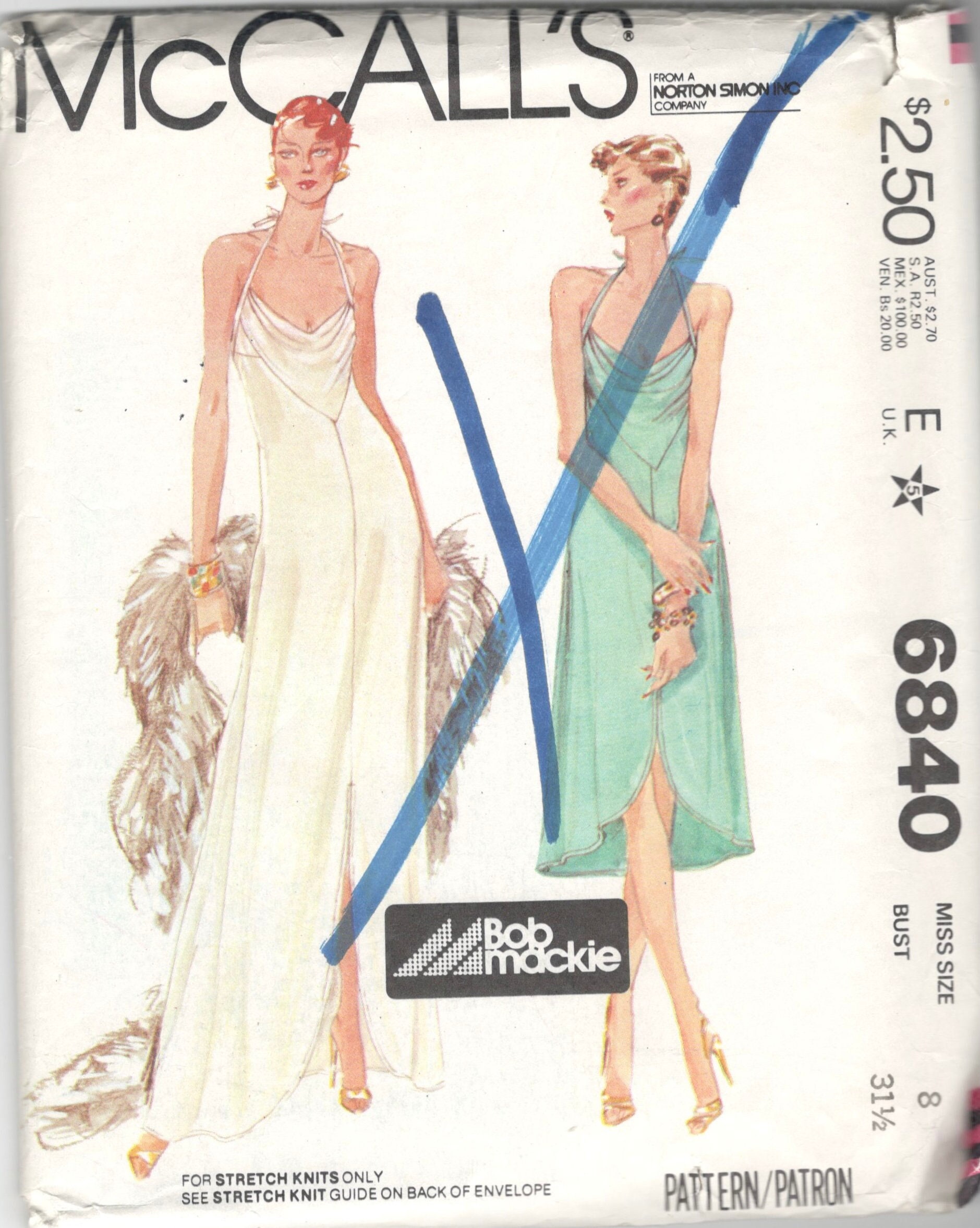 Mccalls 6840 Low Neckline Cowl Neck Halter Dress Pattern Knits Shaped Hem Bob Mackie Womens Vintage Sewing Size 8 Bust 31 Uncut