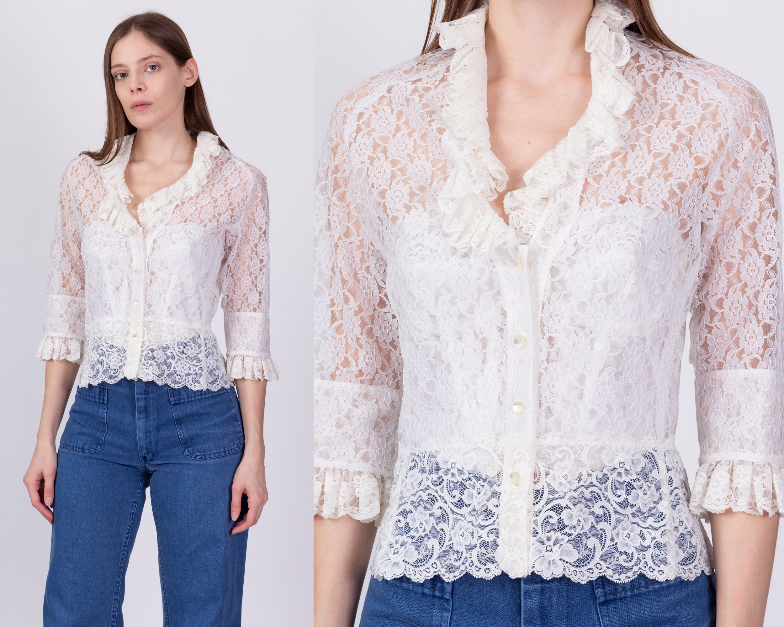 Medium 90S Sheer White Lace Blouse | Vintage 3/4 Sleeve Button Up Ruffle Collar Cropped Top