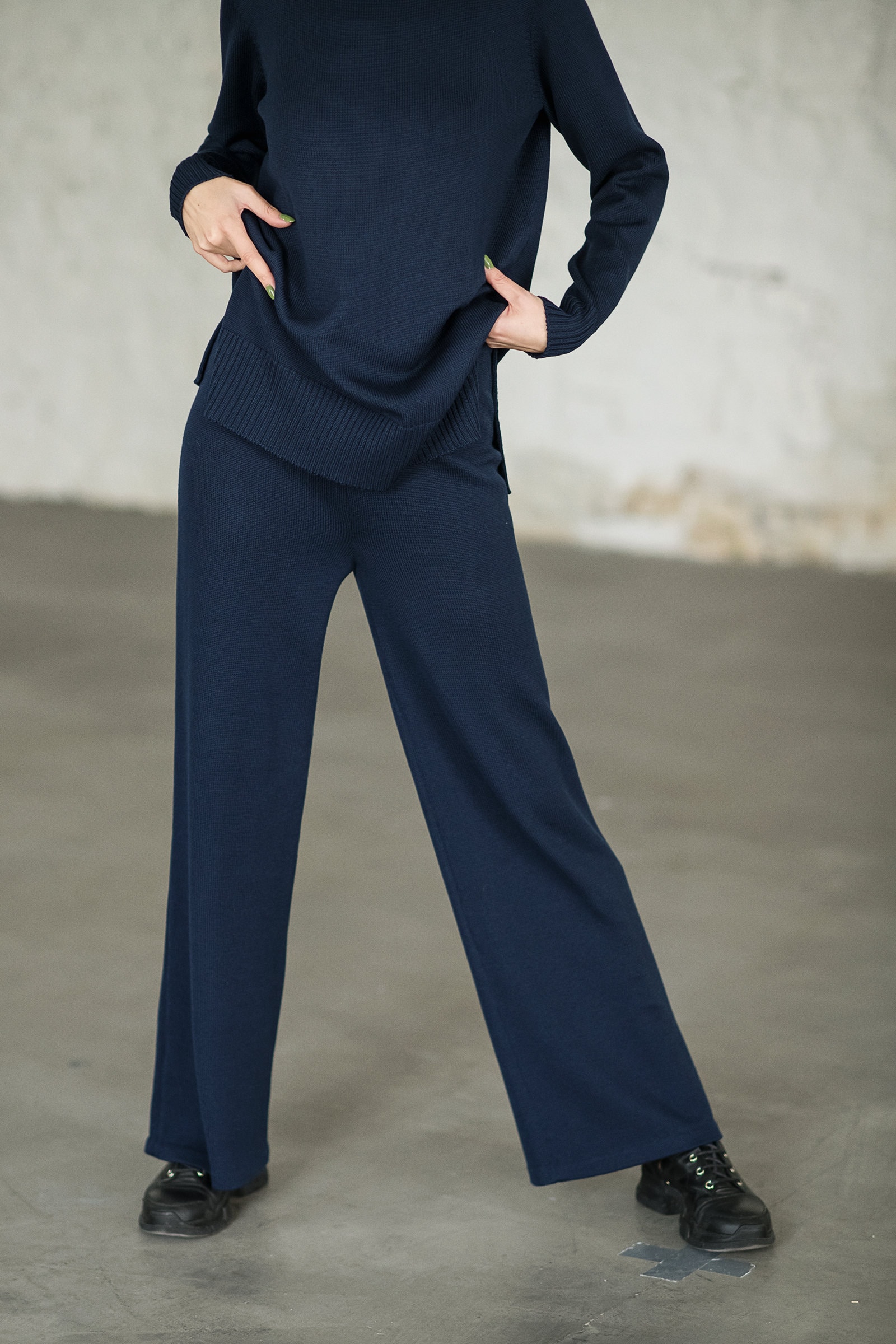 Merino Wool Knit Pants For Women, Wide-Leg Pants, Straight-Leg Loungewear Elastic Waist