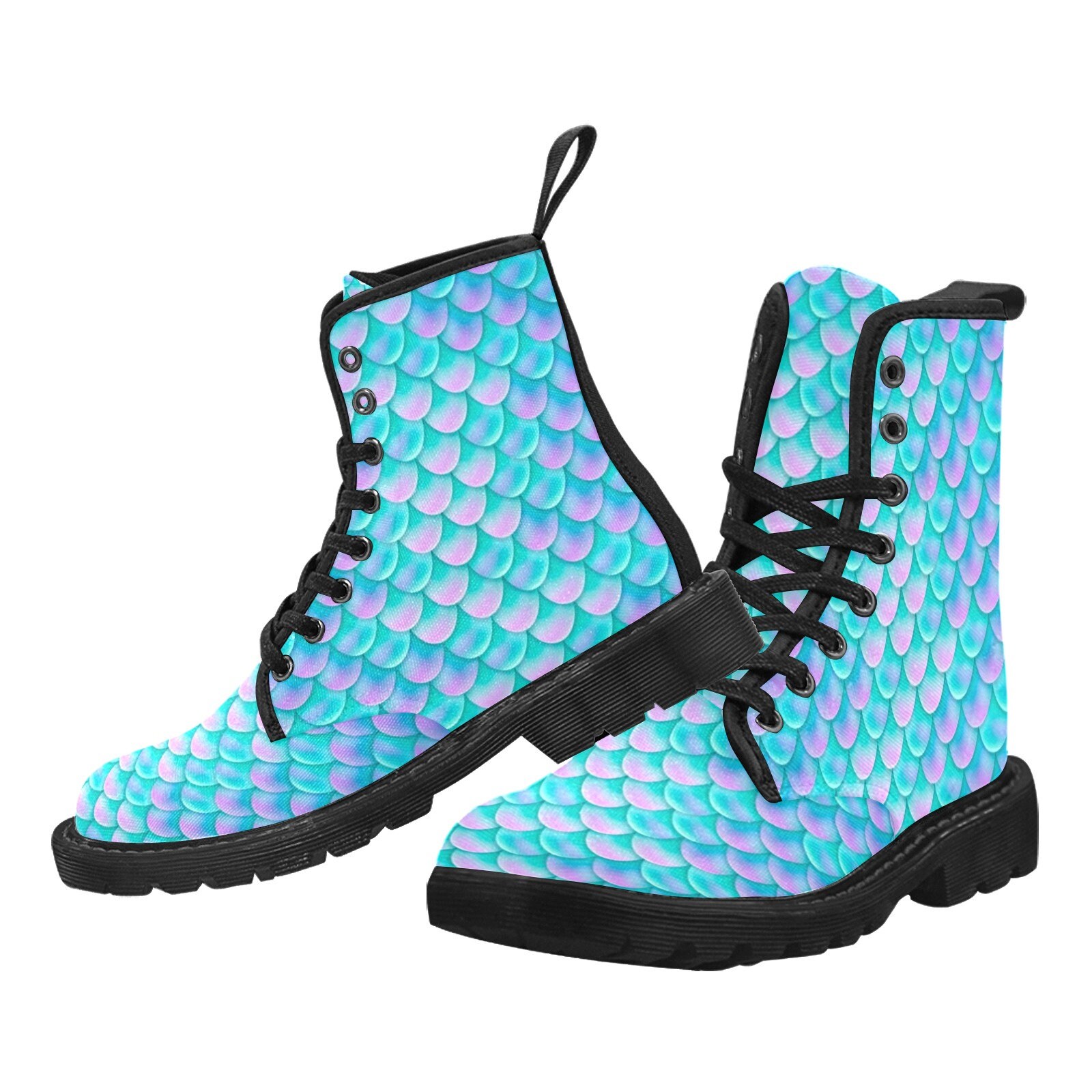 Mermaid Scales Women's Boots, Blue Fish Pattern Vegan Canvas Festival Party Ladies Lace Up Shoes Fashion Print Ankle Combat Casual Custom