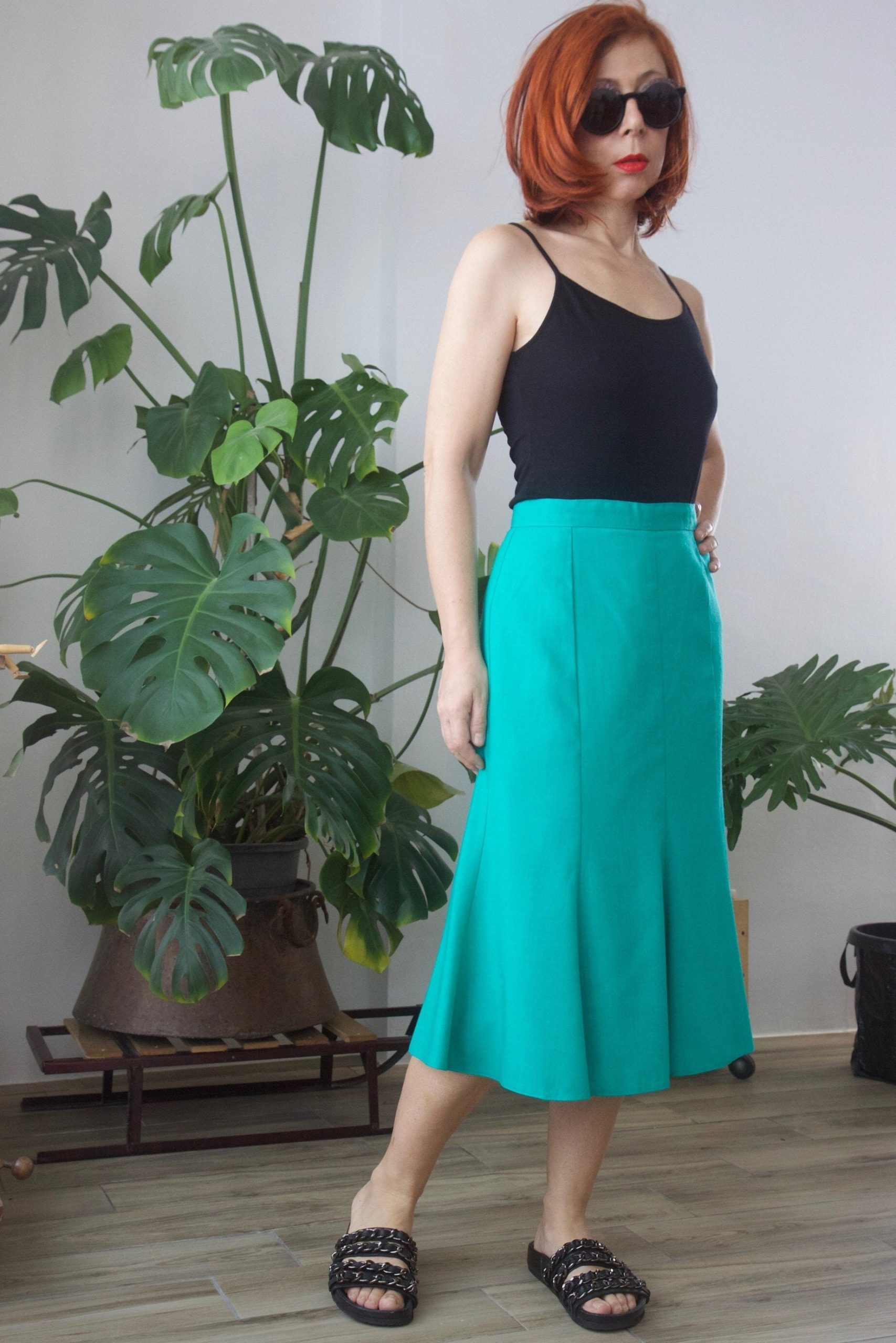 Mermaid Vintage Midi Skirt 80S Woven Green Emerald Turquoise Godet Canvas Paneled Godet Vintage