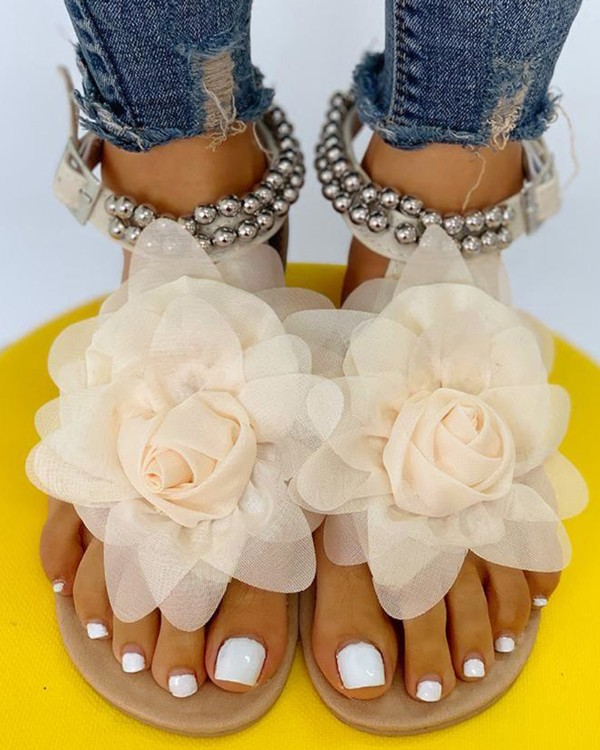 Mesh Floral Embellished Beaded Flat Sandals