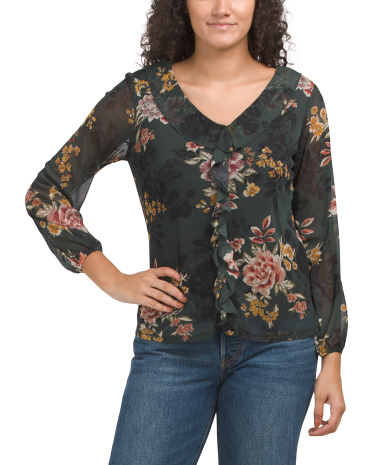 Mesh Floral Ruffle Top for Women | Polyester/Spandex