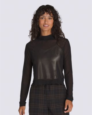 Mesh Satin Long Sleeve Top(Black)