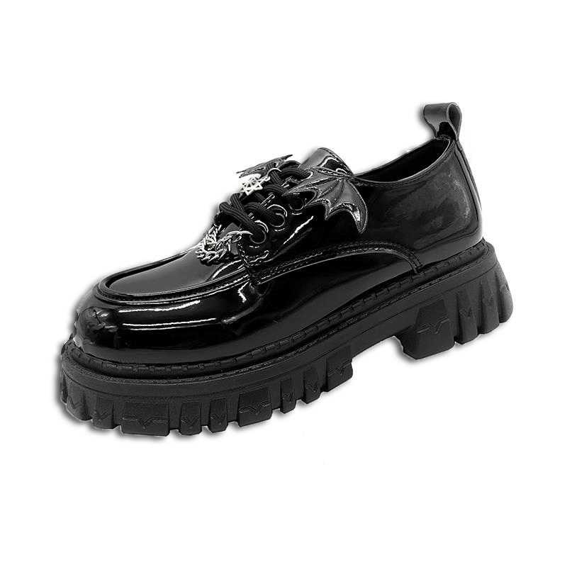 Metal Chain Bat Wings Chunky Platform Shoes / Round Toes Patent Leather Gothic Shoes