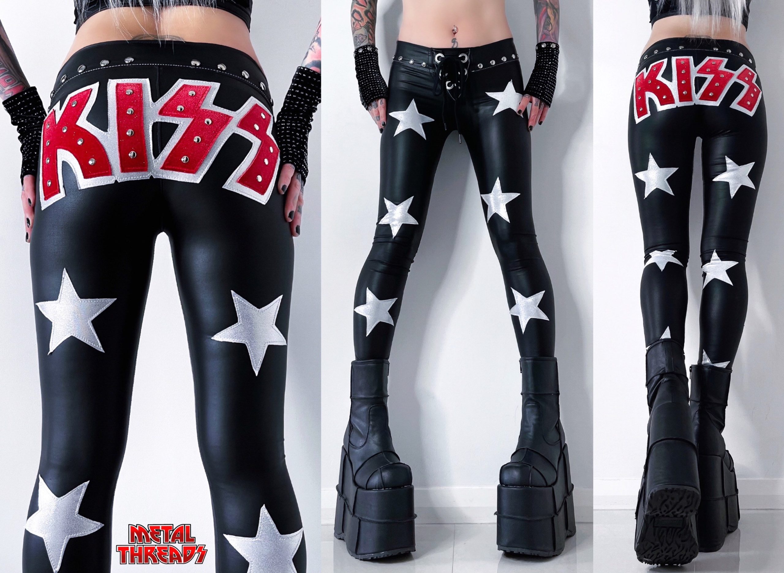 Metal Threads Kiss Starchild Custom Studded Pants Paul Stanley Black Leather Star Spandex Made To Order Leggings 70S Rock Costume Clothing