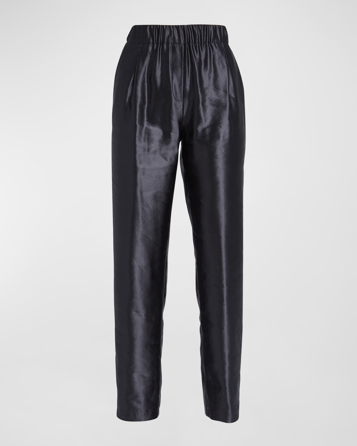 Metallic Linen-Silk Straight-Leg Pull-On Trousers