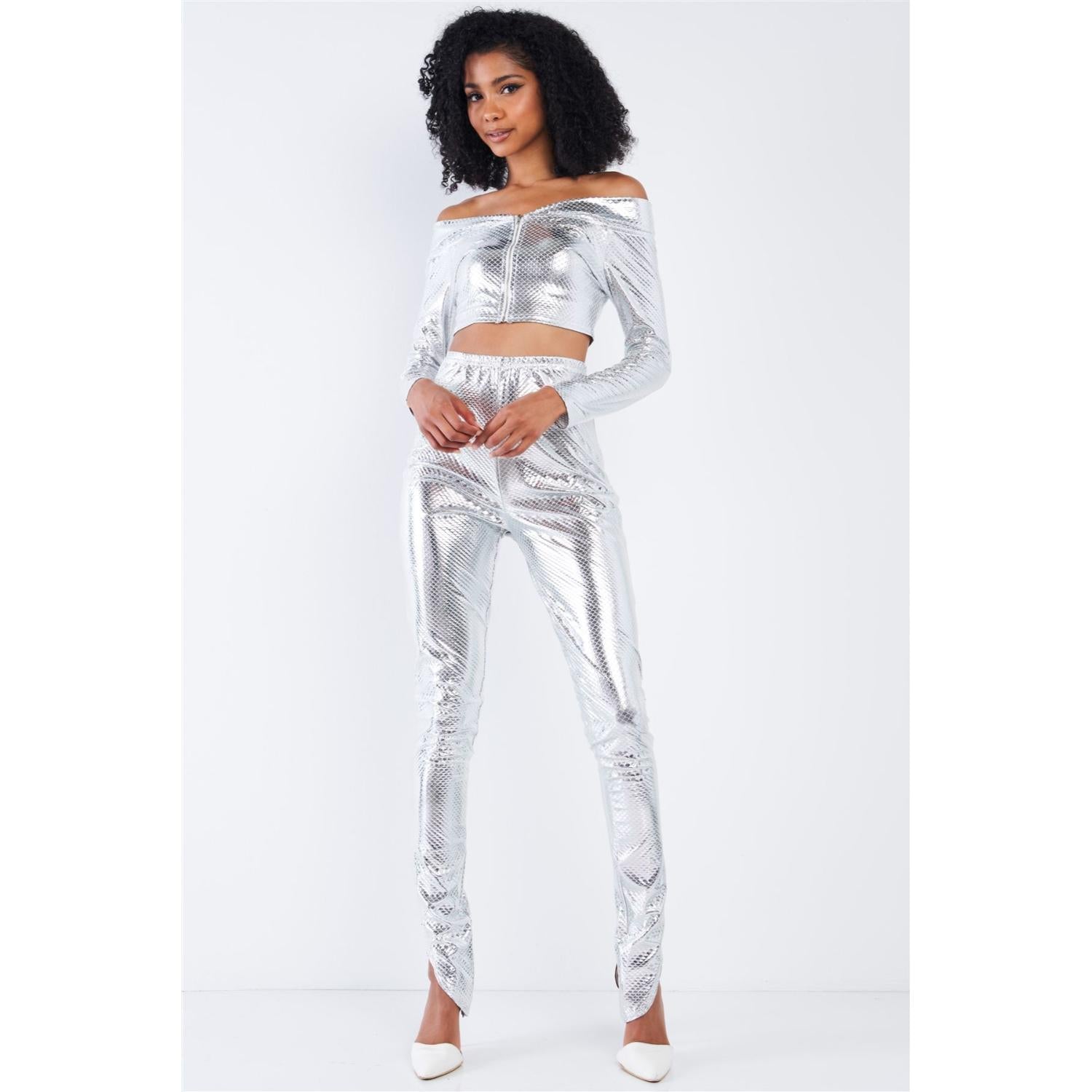 Metallic Small Scales Print Long Sleeve Off-the-shoulder Cropped Top And High Waist Slim Fit Legging Set