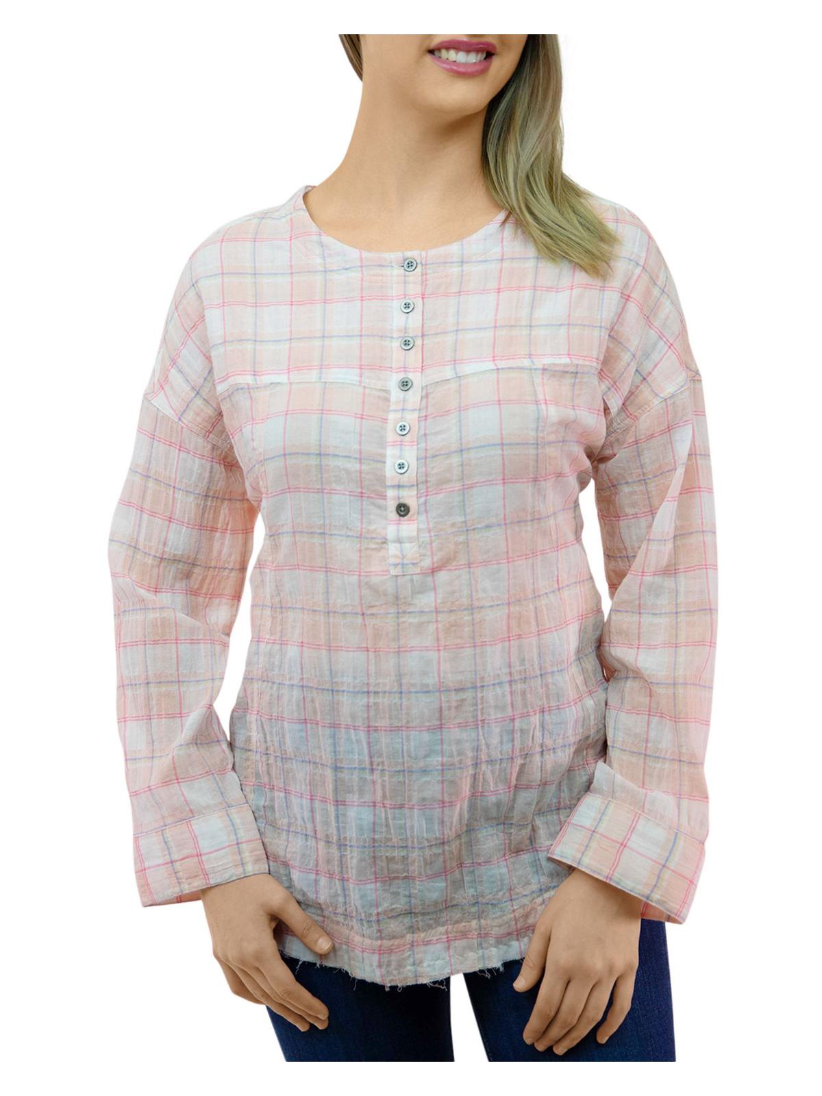 Mia Pucker Womens Plaid Round Neck Tunic Top