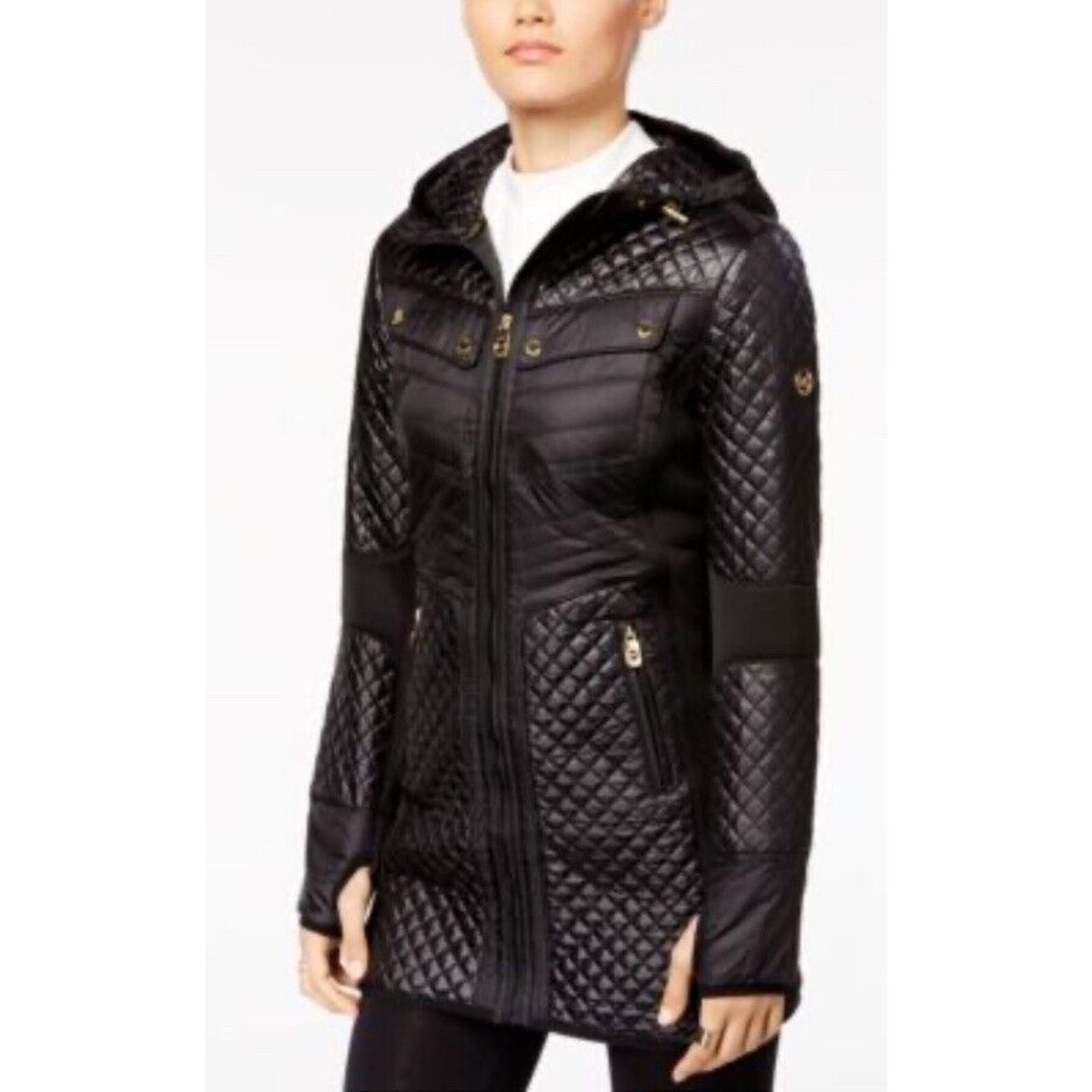 Michael Kors Quilted Knit-Panel Puffer Coat Hooded Jacket in Black, Women's (Size Small)