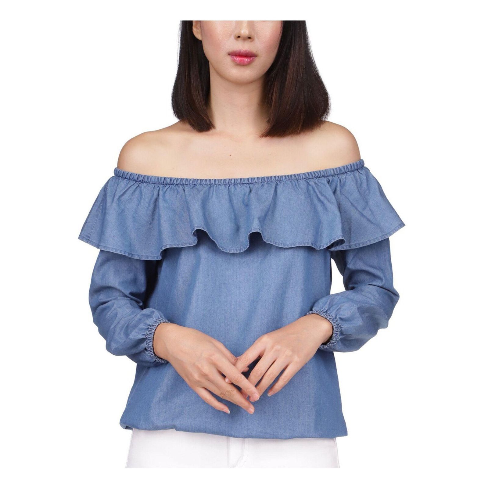 Michael Kors Women Off-The-Shoulder Peasant Top Size Xs in Blue